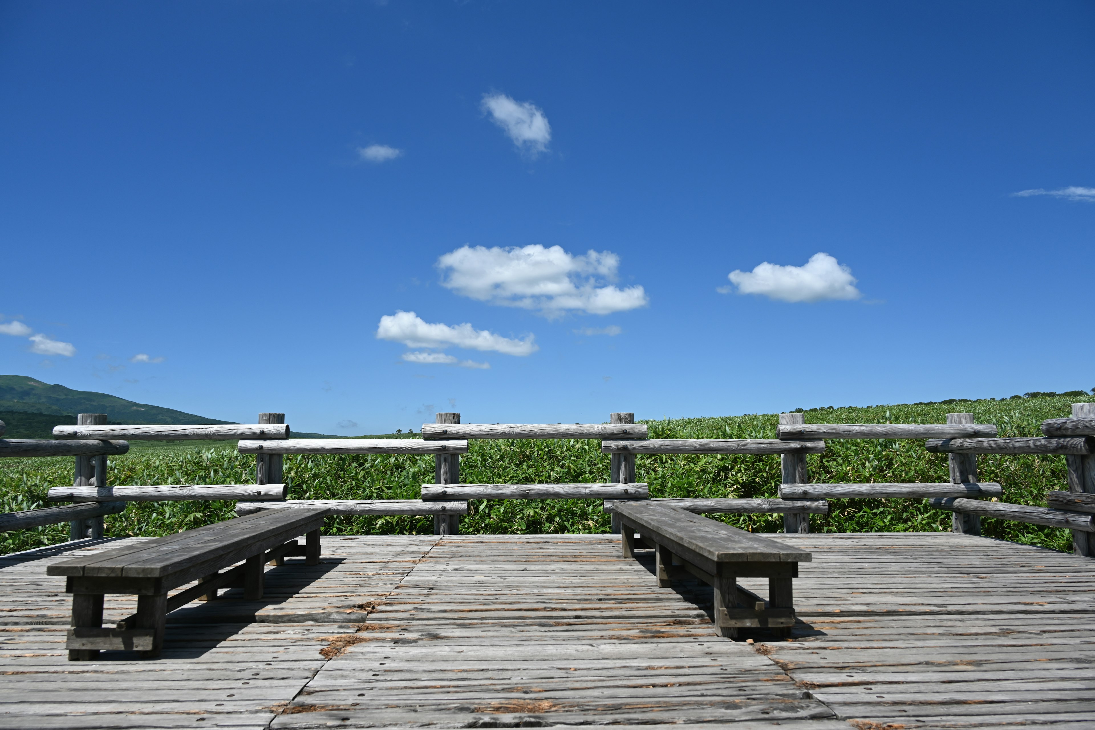 Terraza de madera con dos bancos bajo un cielo azul claro