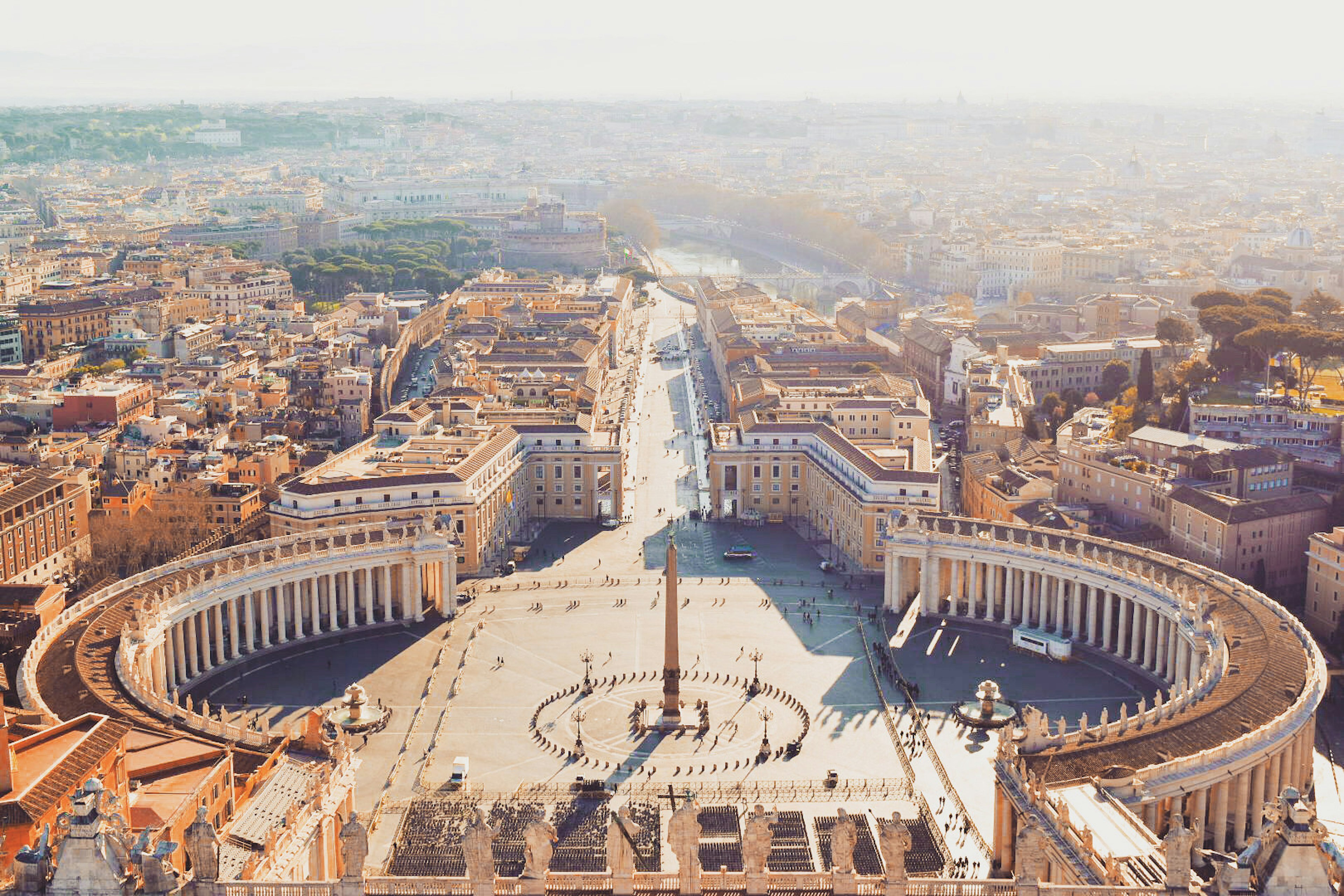 Aerial view of St Peter's Square in Vatican City showcasing beautiful architecture and circular design