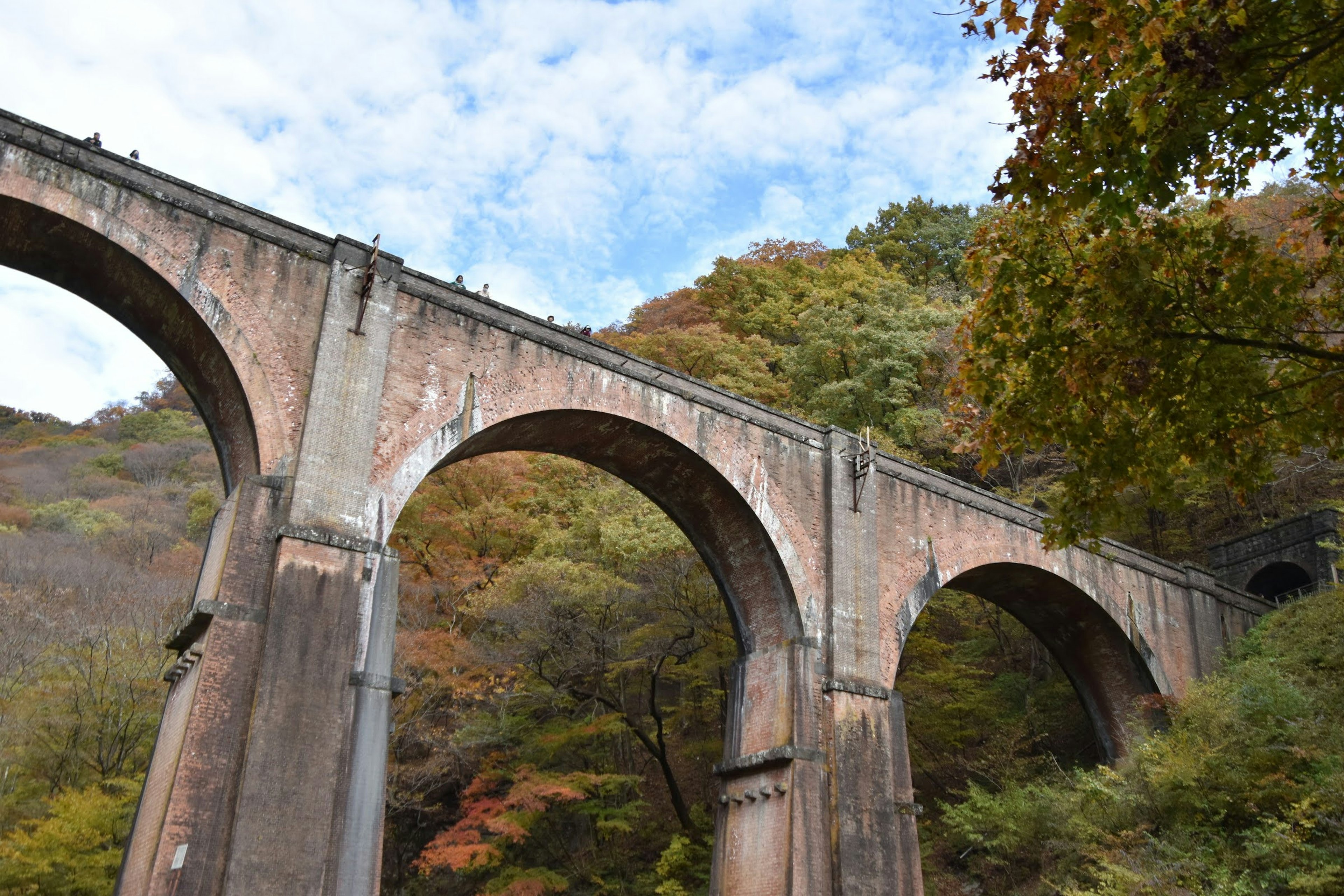 美しい秋の風景の中で、アーチ型の古い橋が見える