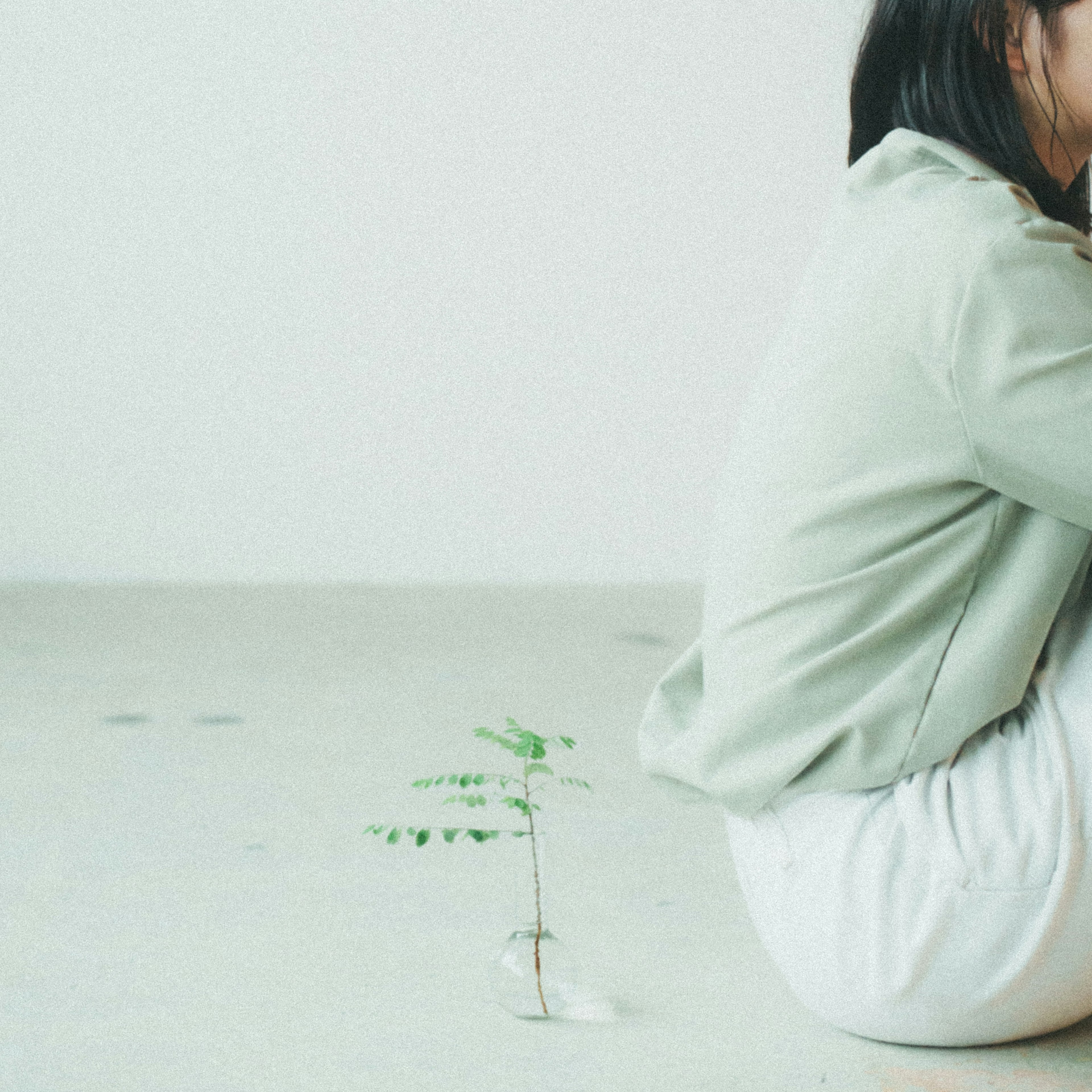 Eine Frau sitzt mit einer kleinen Pflanze hinter ihr in einer minimalistischen Inneneinstellung