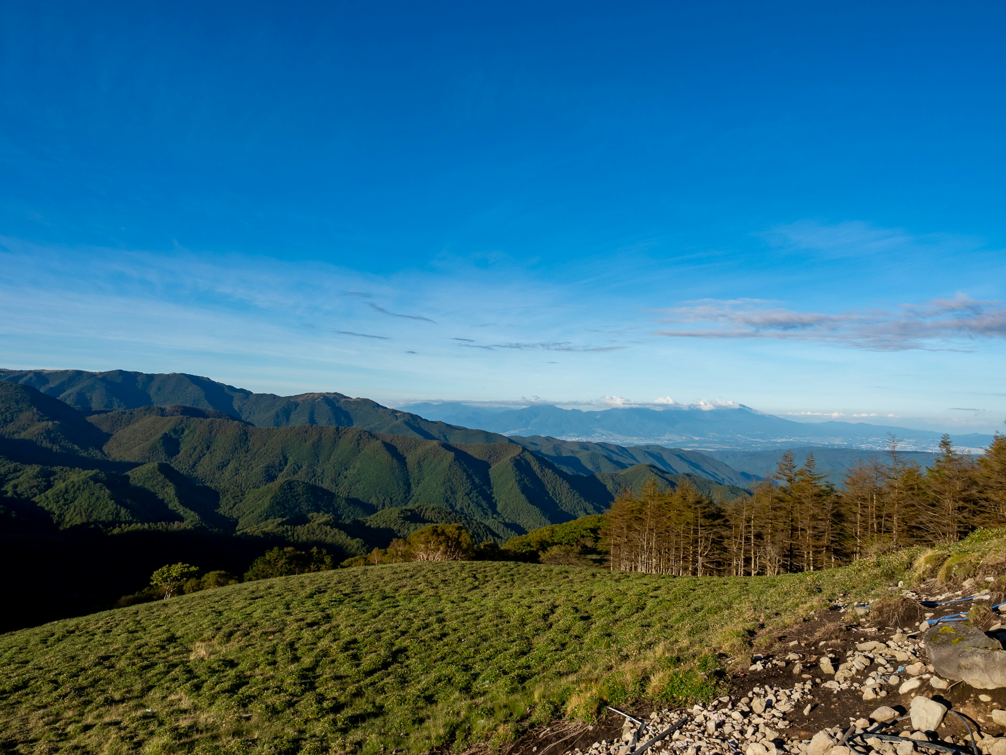 Schöne Berglandschaft mit blauem Himmel und grünem Grasland, entfernte Berge