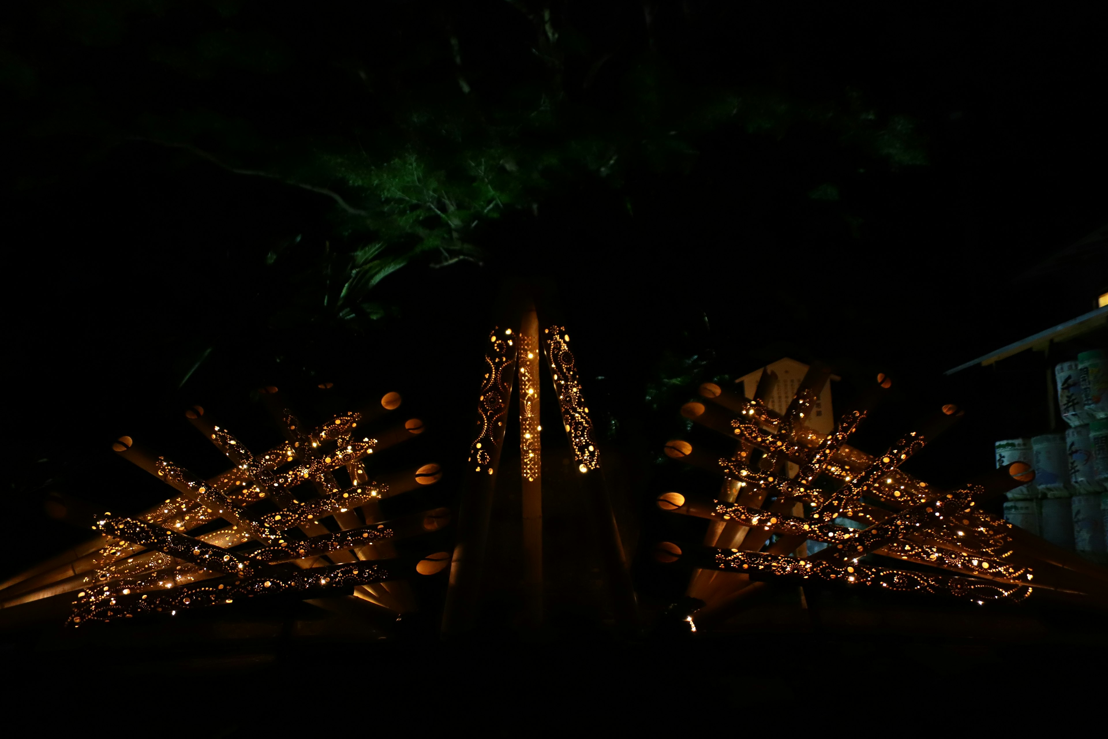 Decorative light installation glowing against a dark background