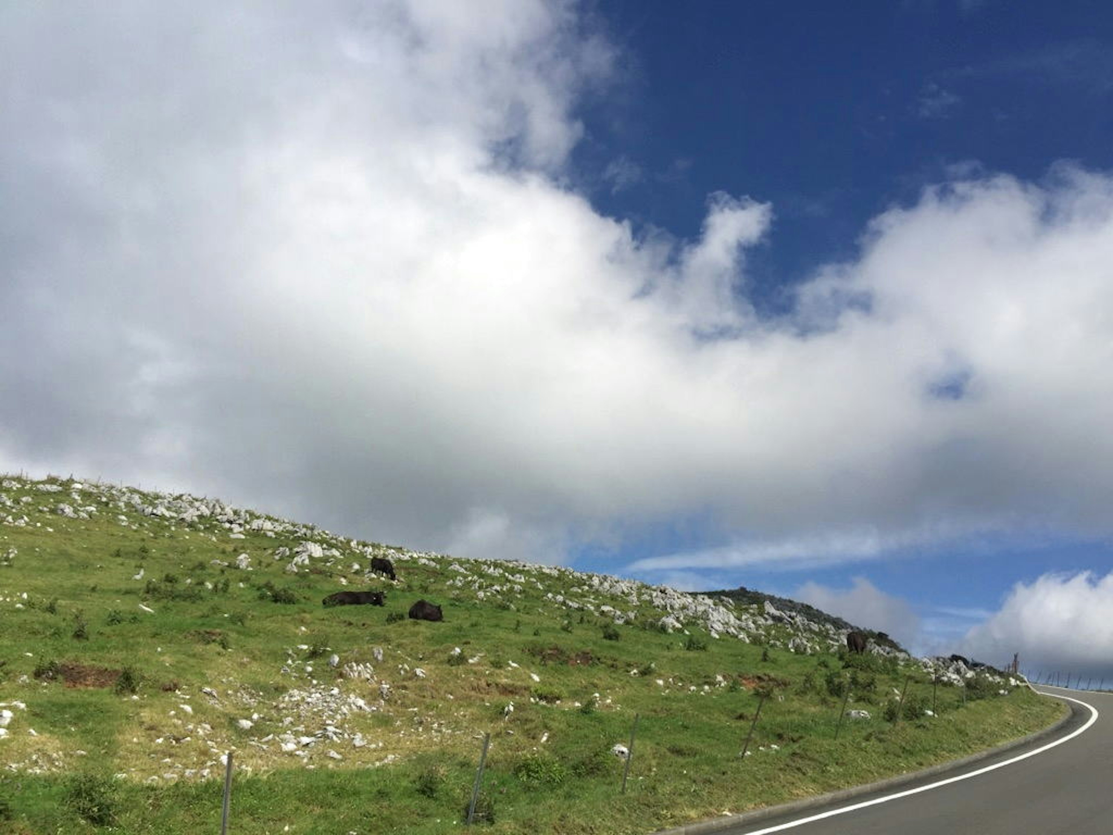 Collina verde con rocce sparse sotto un cielo blu e nuvole con una strada tortuosa