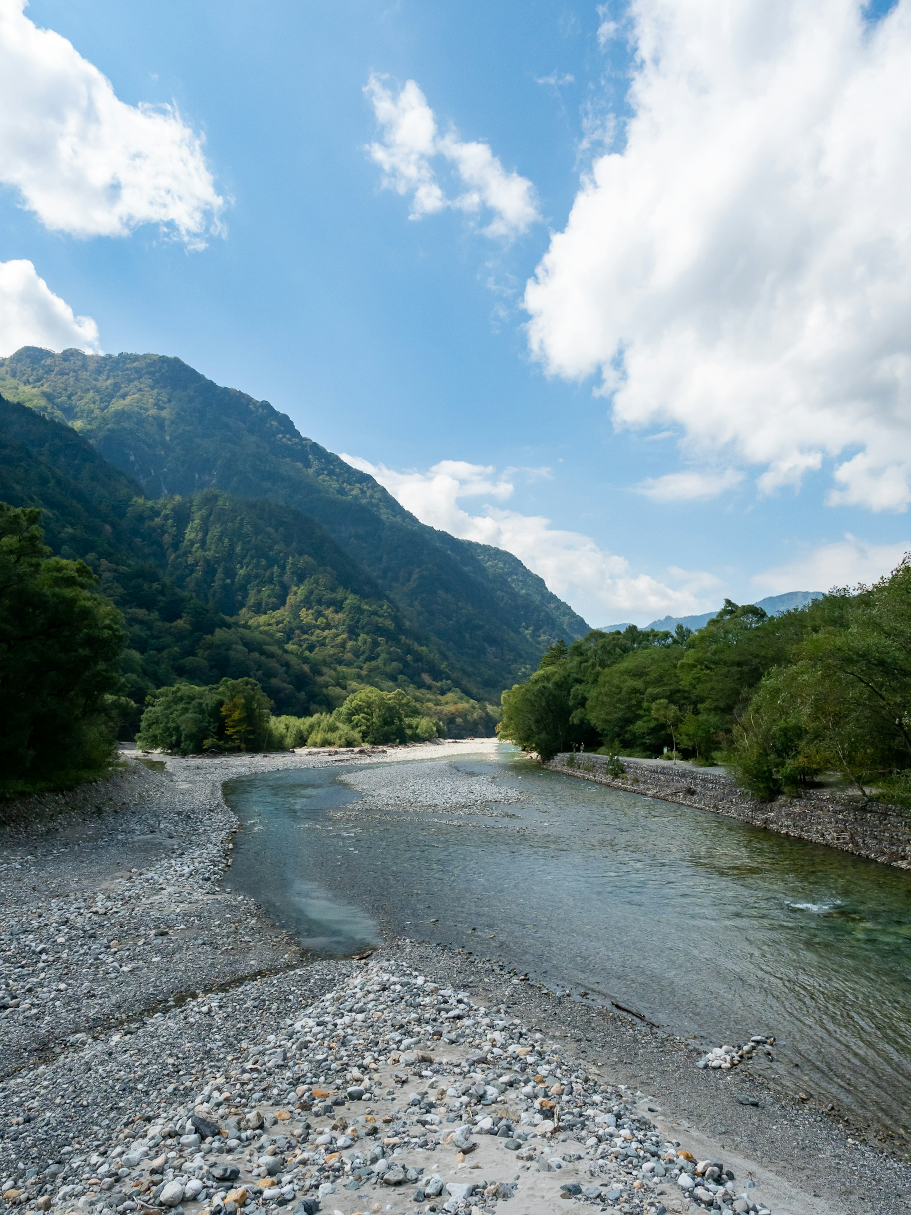 藍天白雲下，蜿蜒流過的風景河流，周圍是綠色的樹木和山脈