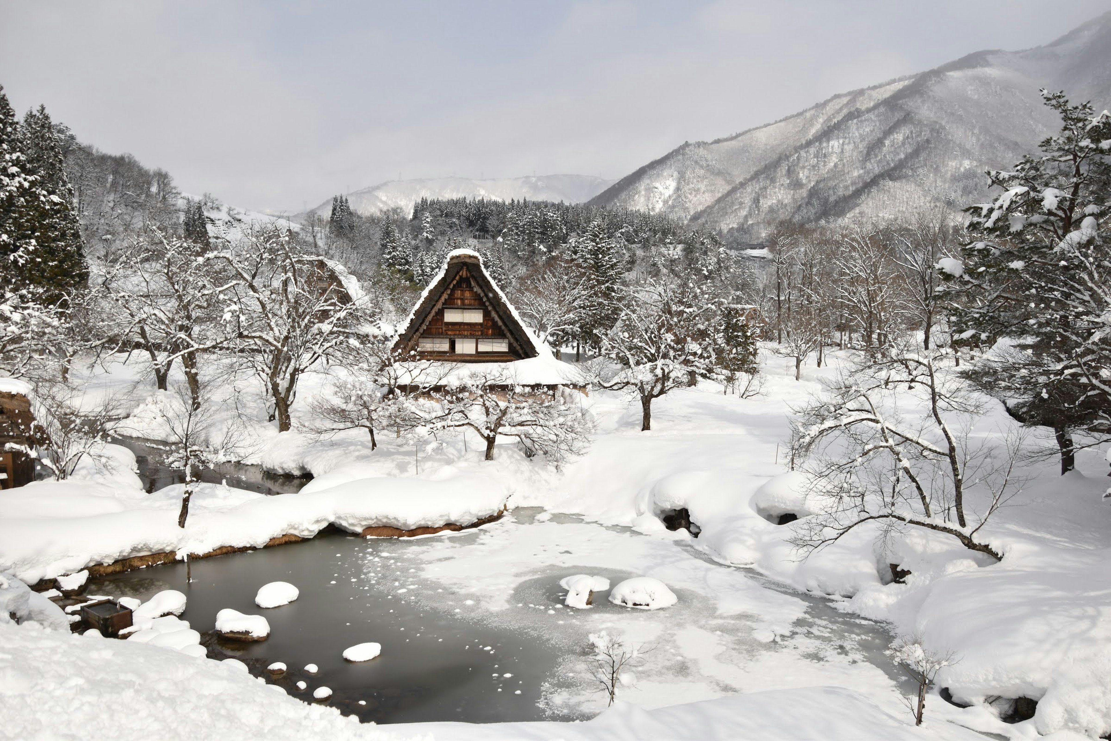 눈 덮인 산속 마을과 전통적인 가쇼즈쿠리 집