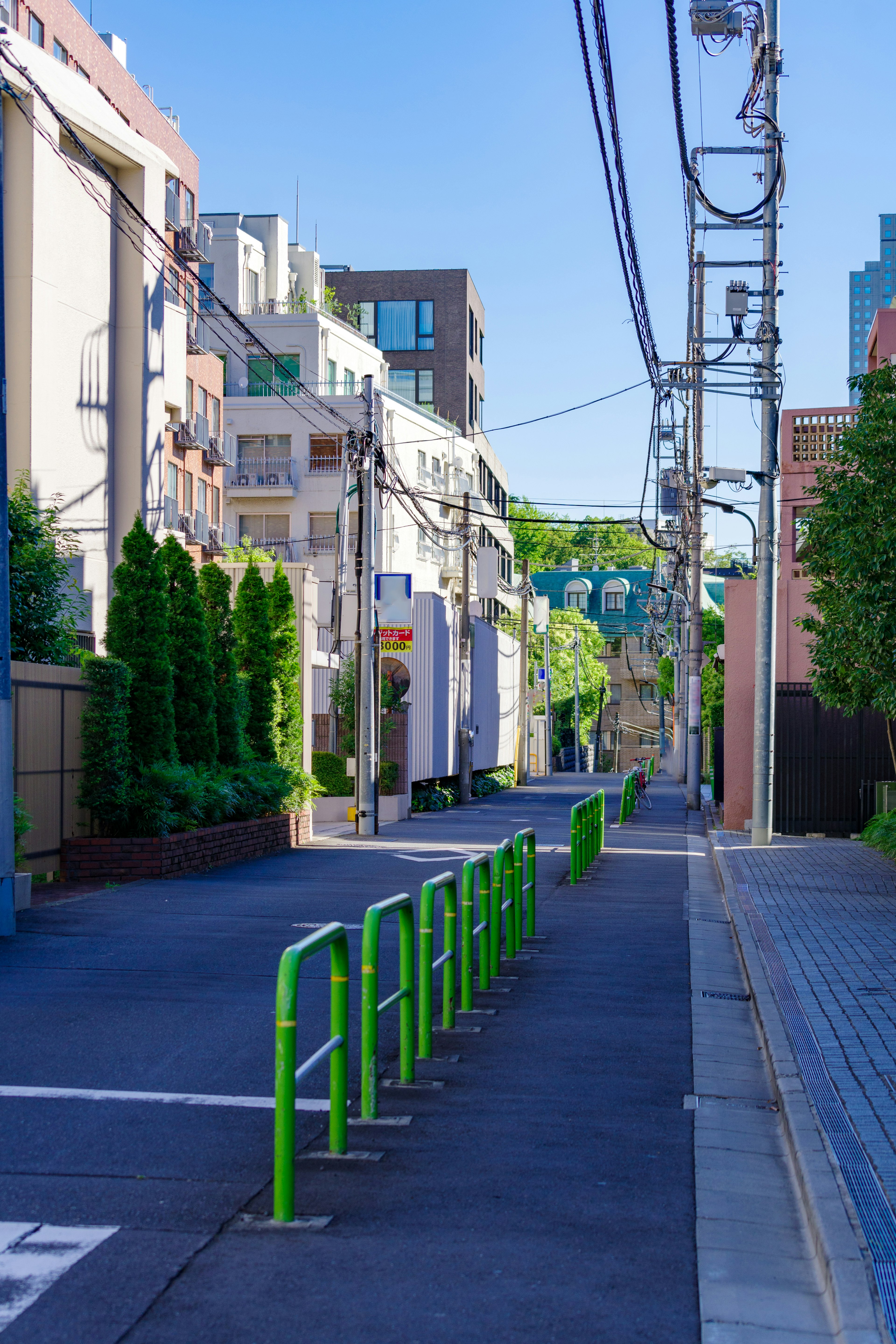 Scena di strada tranquilla con barriere verdi edifici urbani e linee elettriche visibili