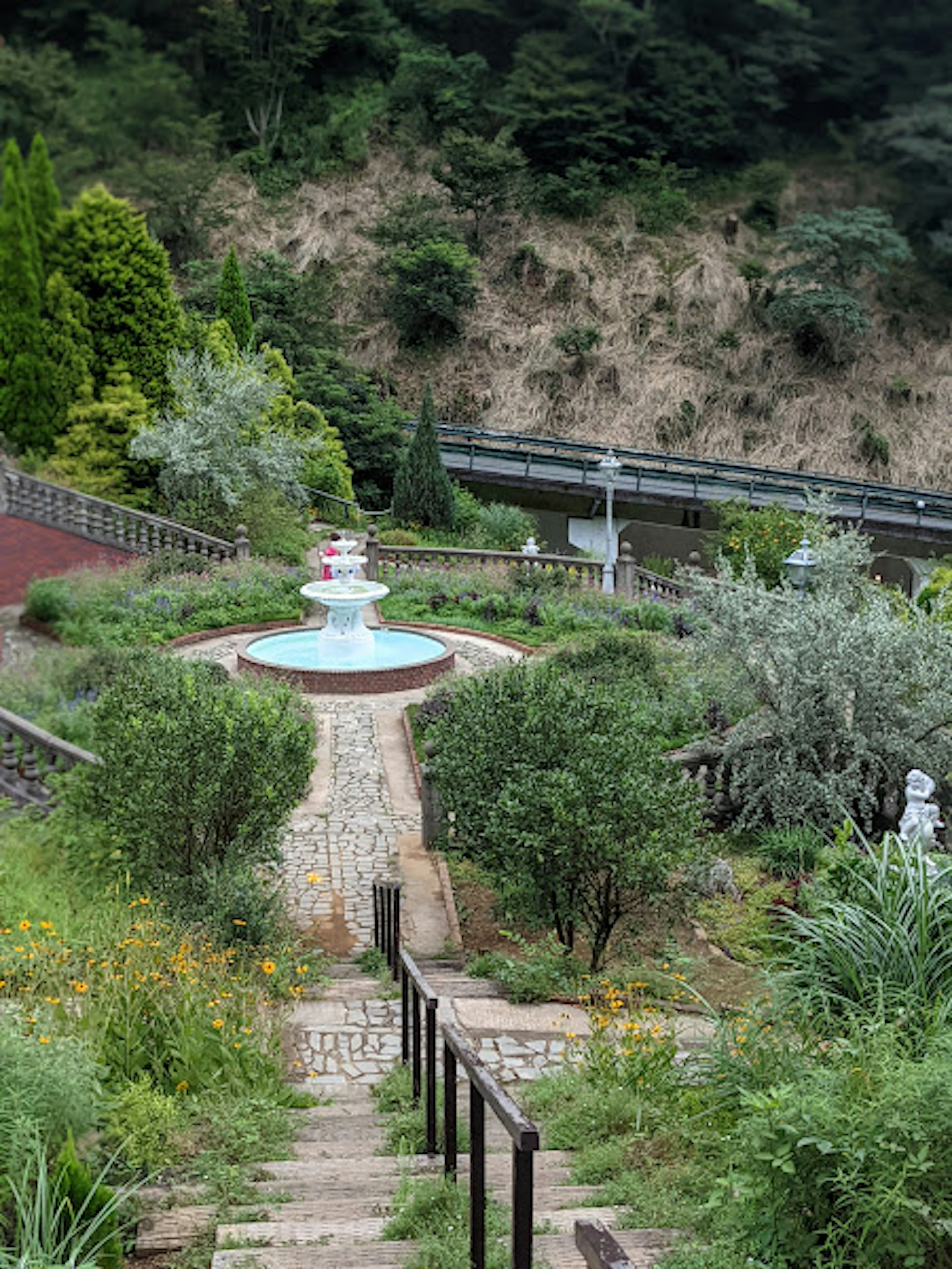 Fountain surrounded by greenery and a pathway leading down