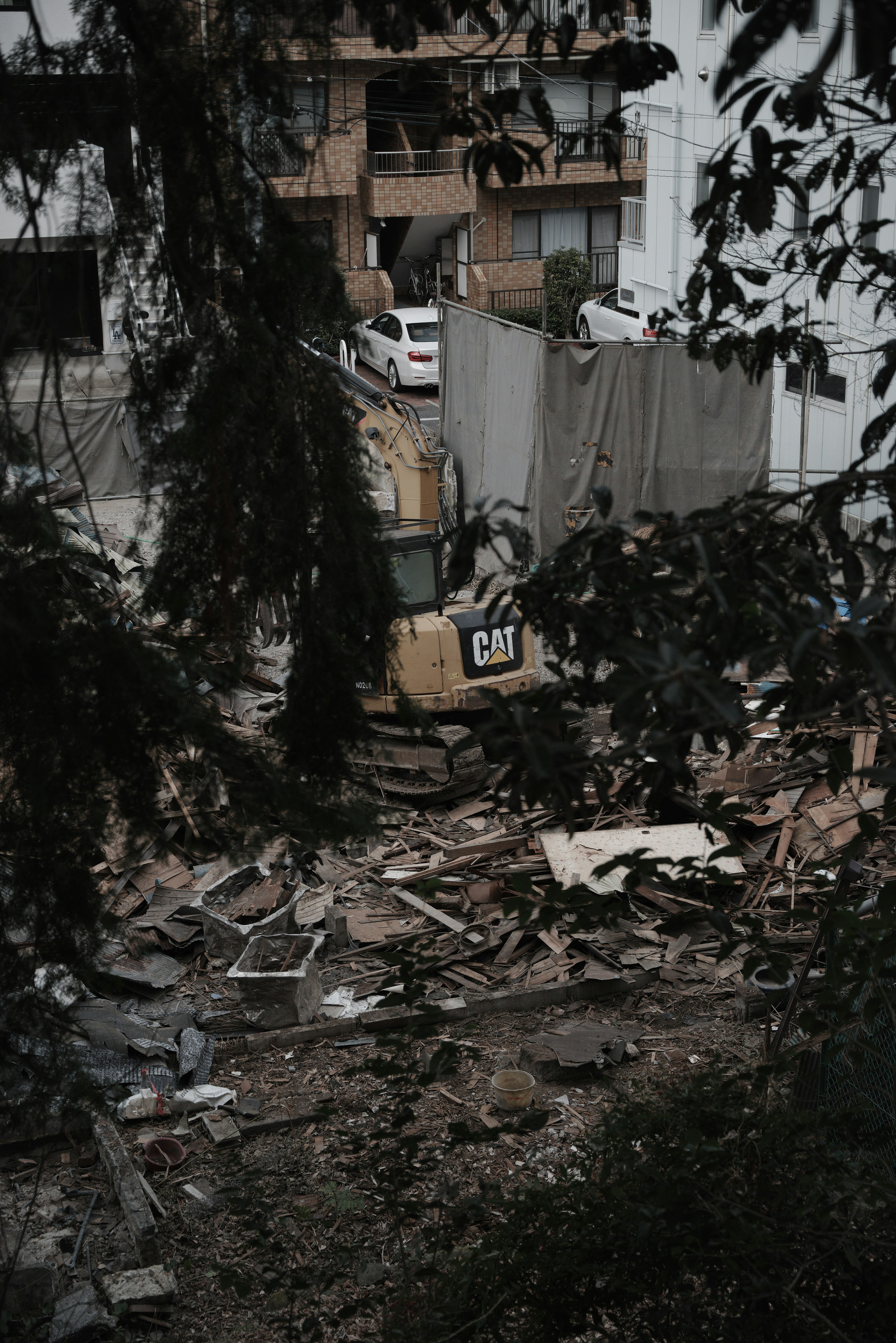 Construction site with machinery and debris