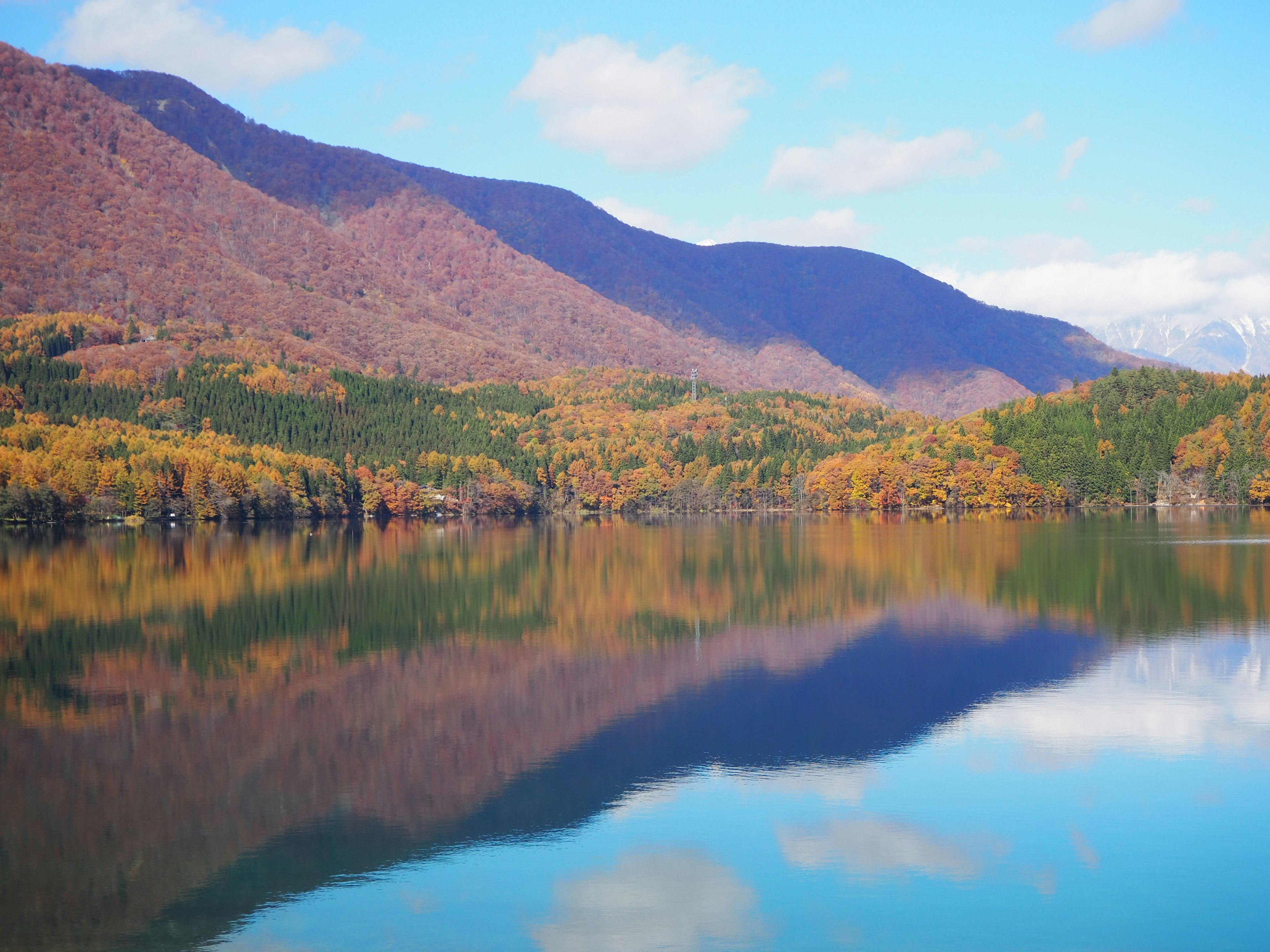 Lago sereno reflejando montañas coloridas de otoño