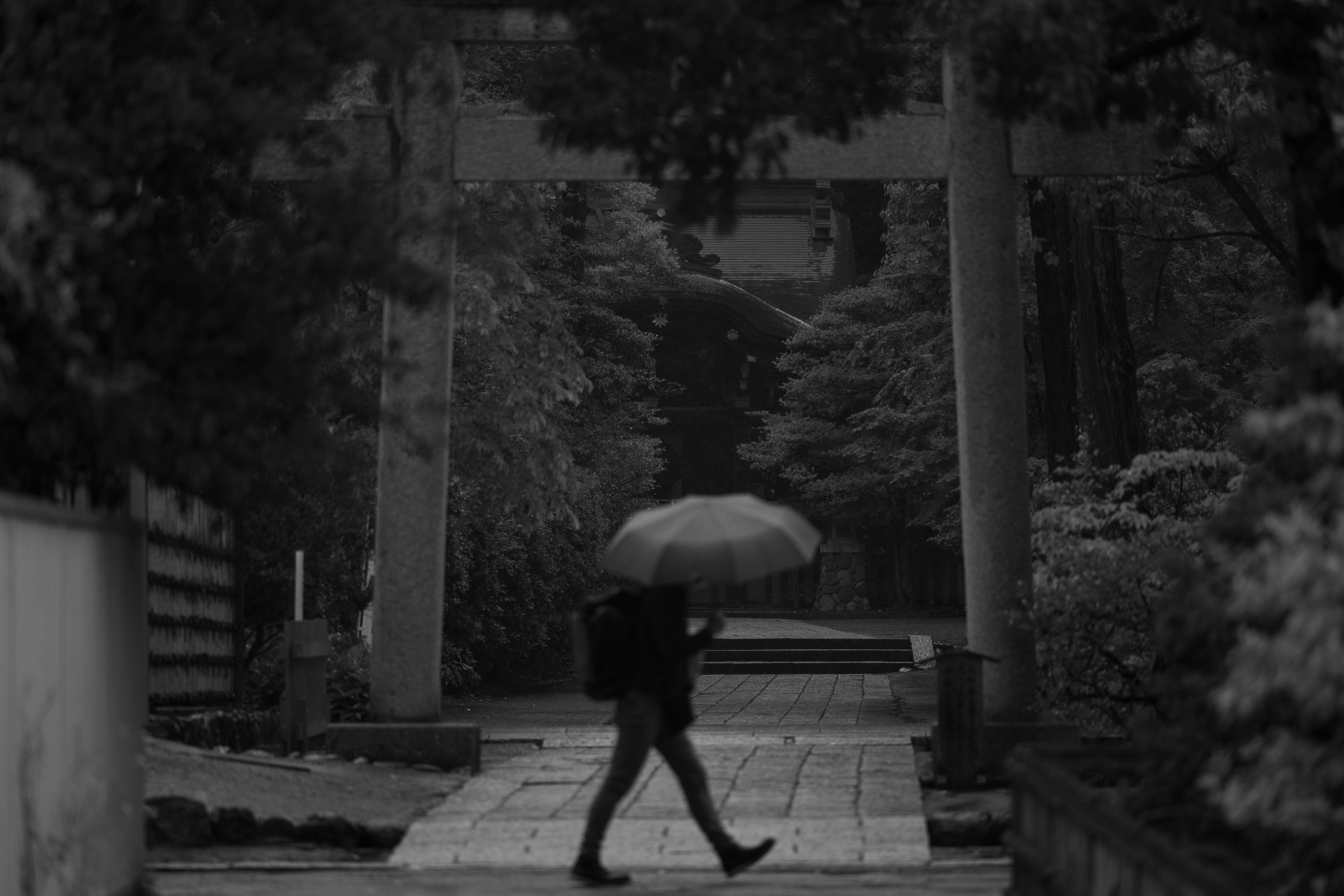 傘を持って歩く人物が見える静かな風景