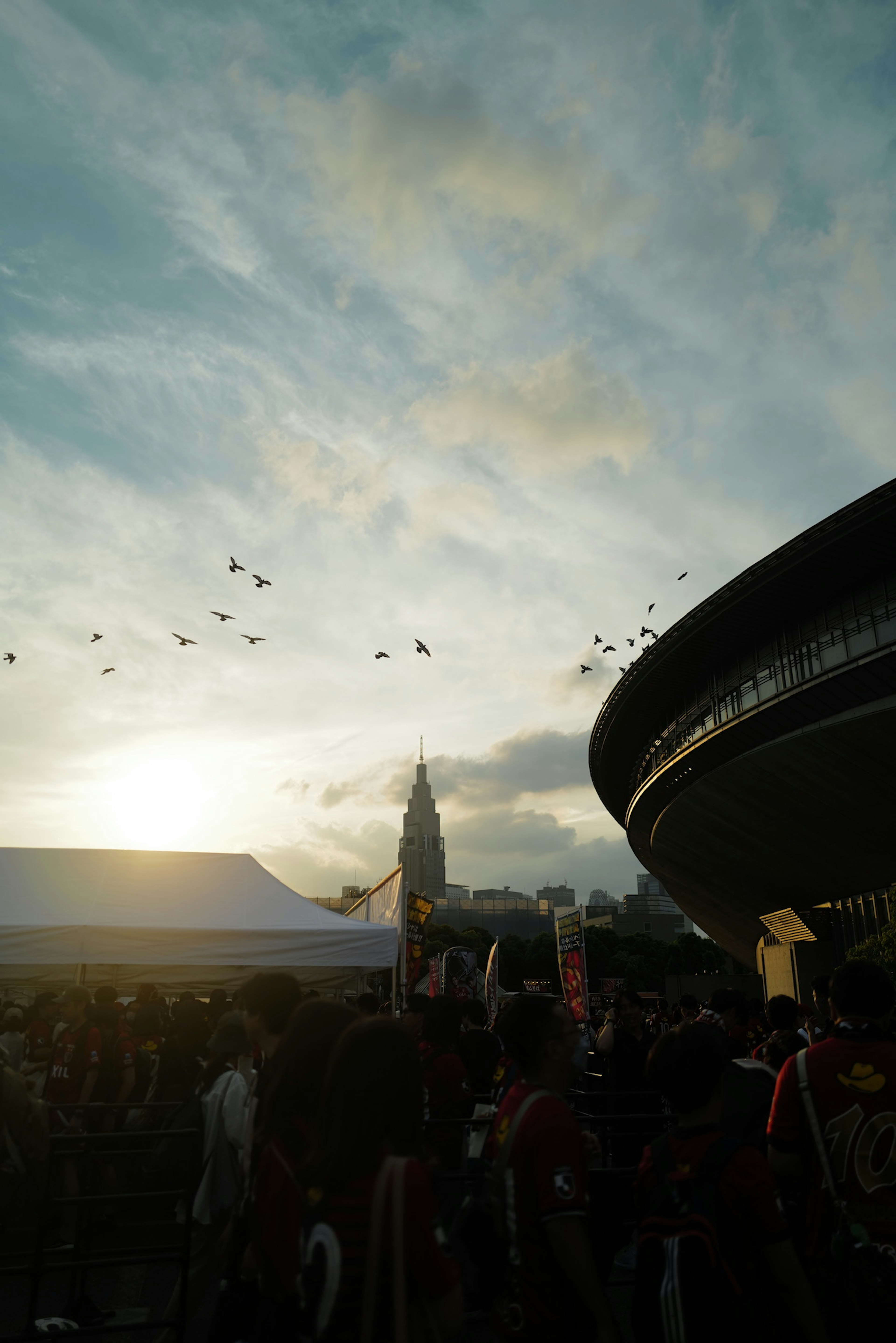 Gathering of people against a sunset sky with clouds and flying birds