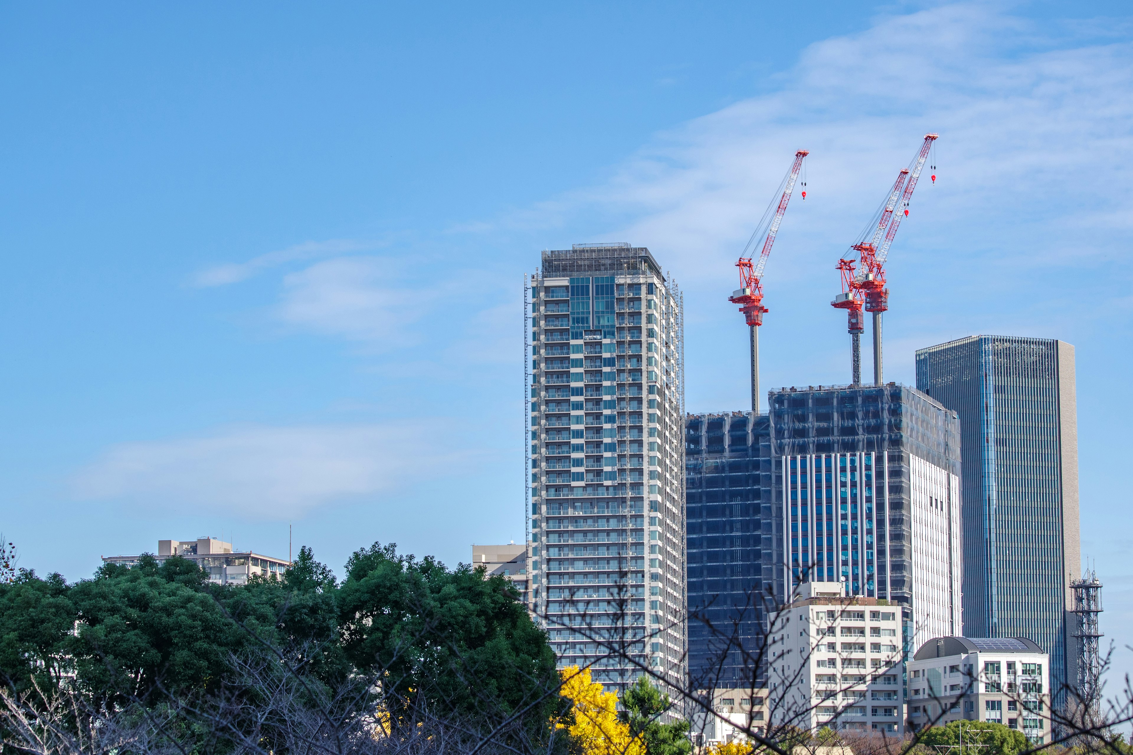 Horizonte urbano con rascacielos y grúas bajo un cielo azul