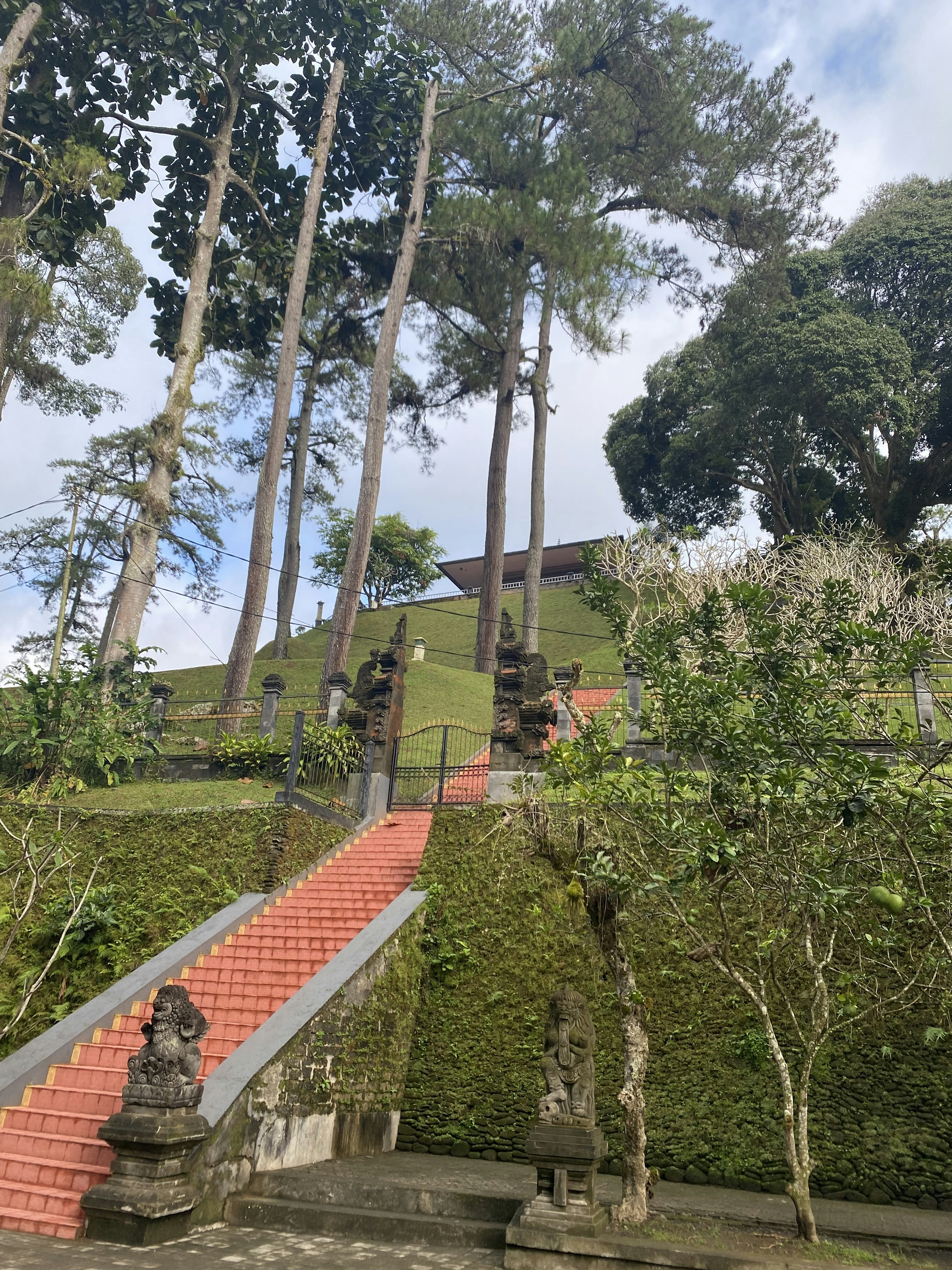 Scenic view of red stairs leading up a green hill with tall trees