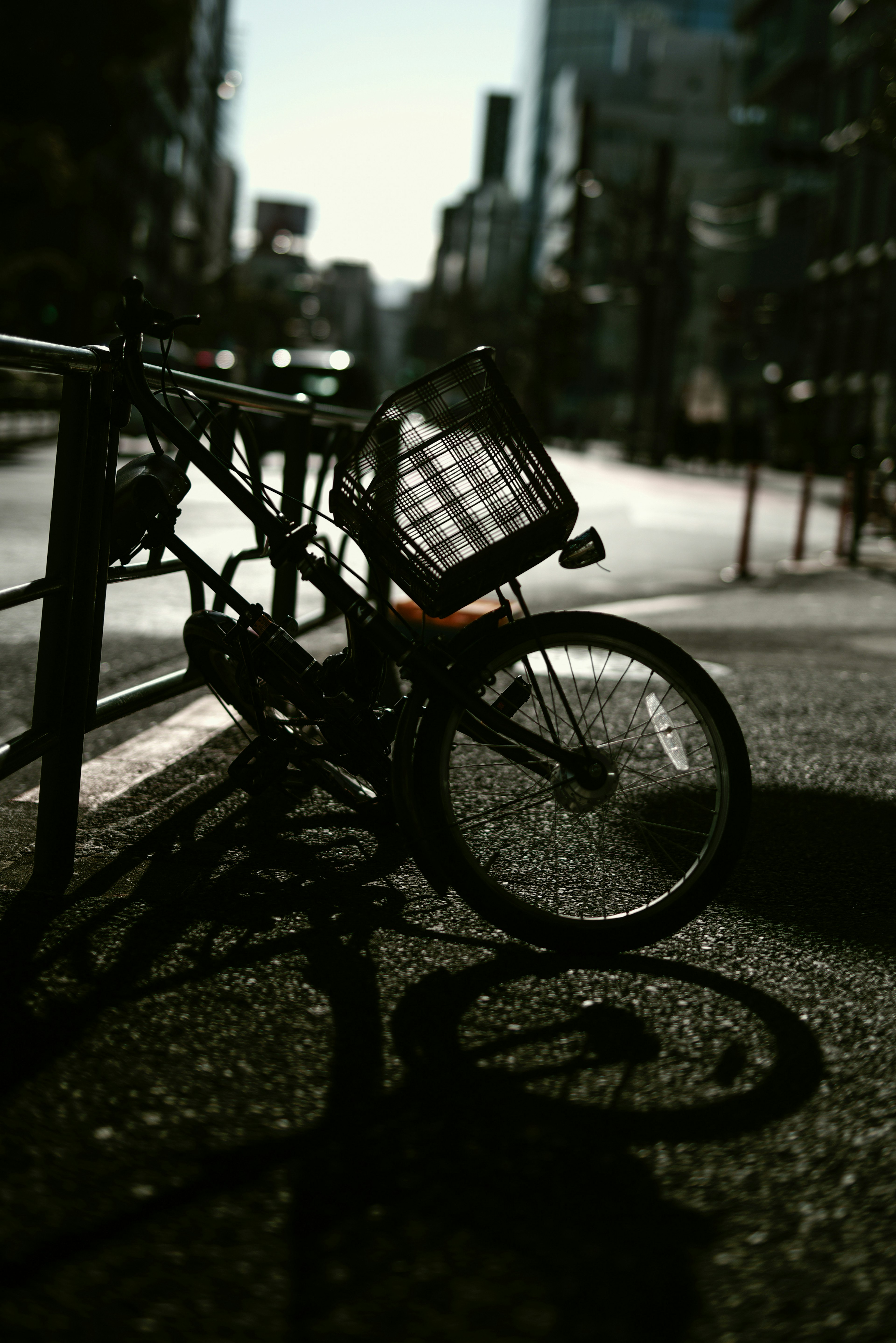 A bicycle leaning against a railing with a city background