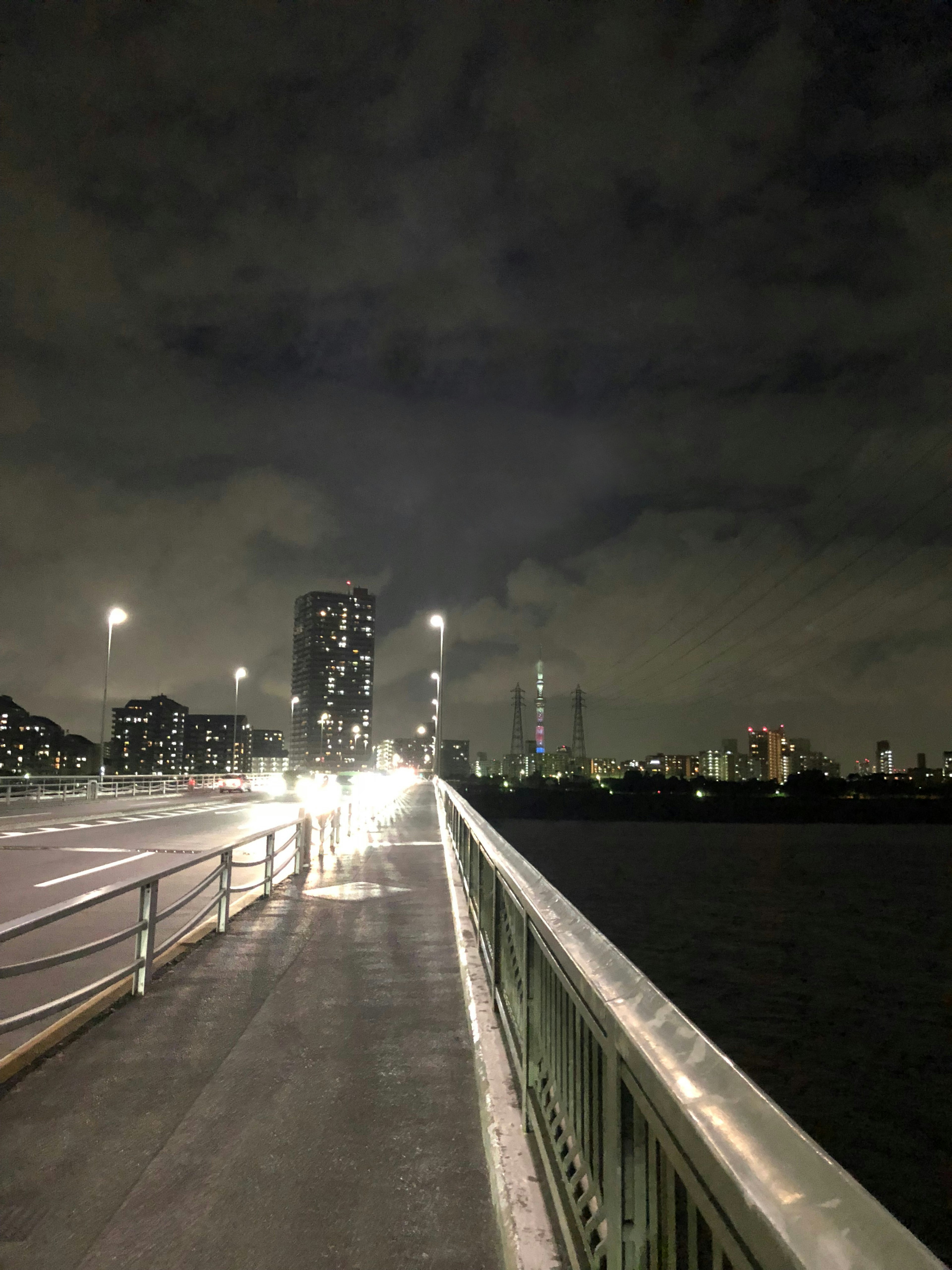 Vista nocturna de un puente con el horizonte de la ciudad al fondo