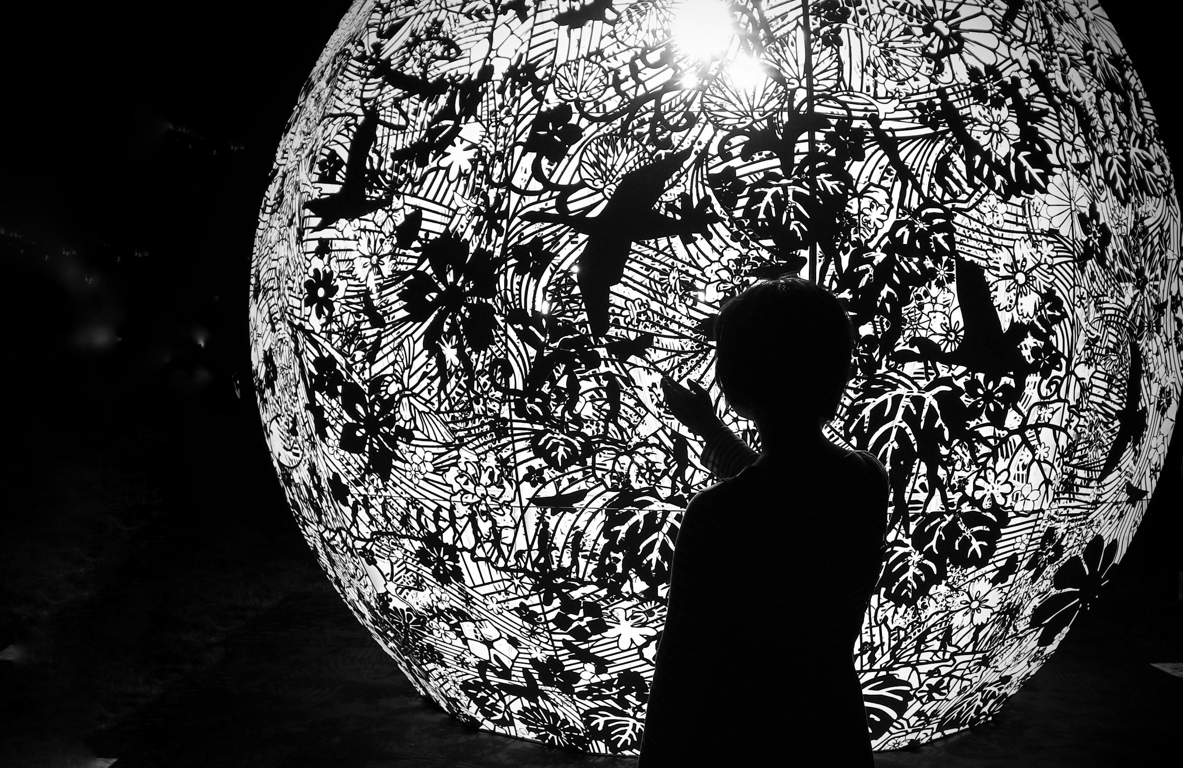 Silhouette di una persona davanti a una grande sfera decorativa con motivi intricati