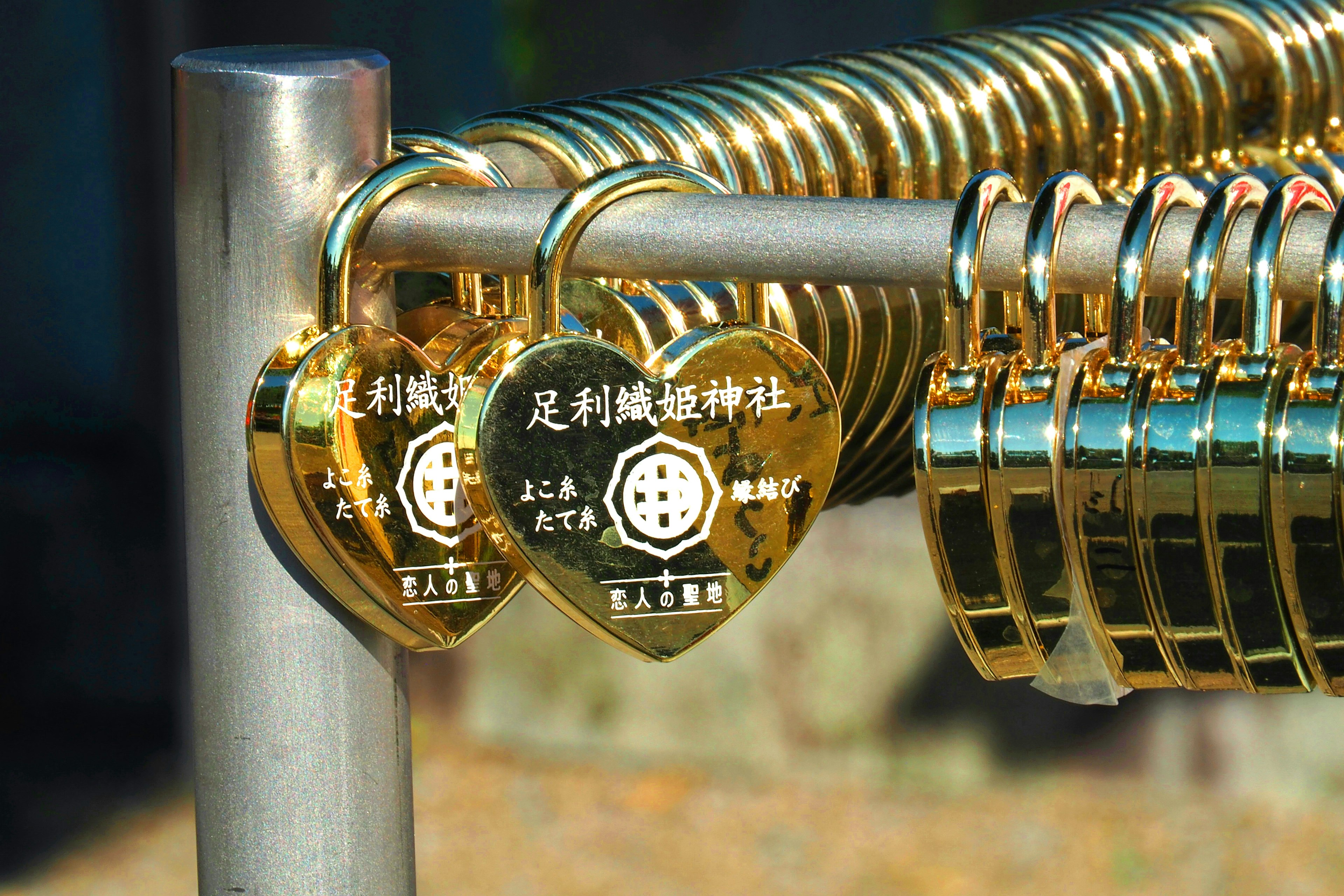 Golden heart-shaped padlocks hanging on a metal rack with inscriptions