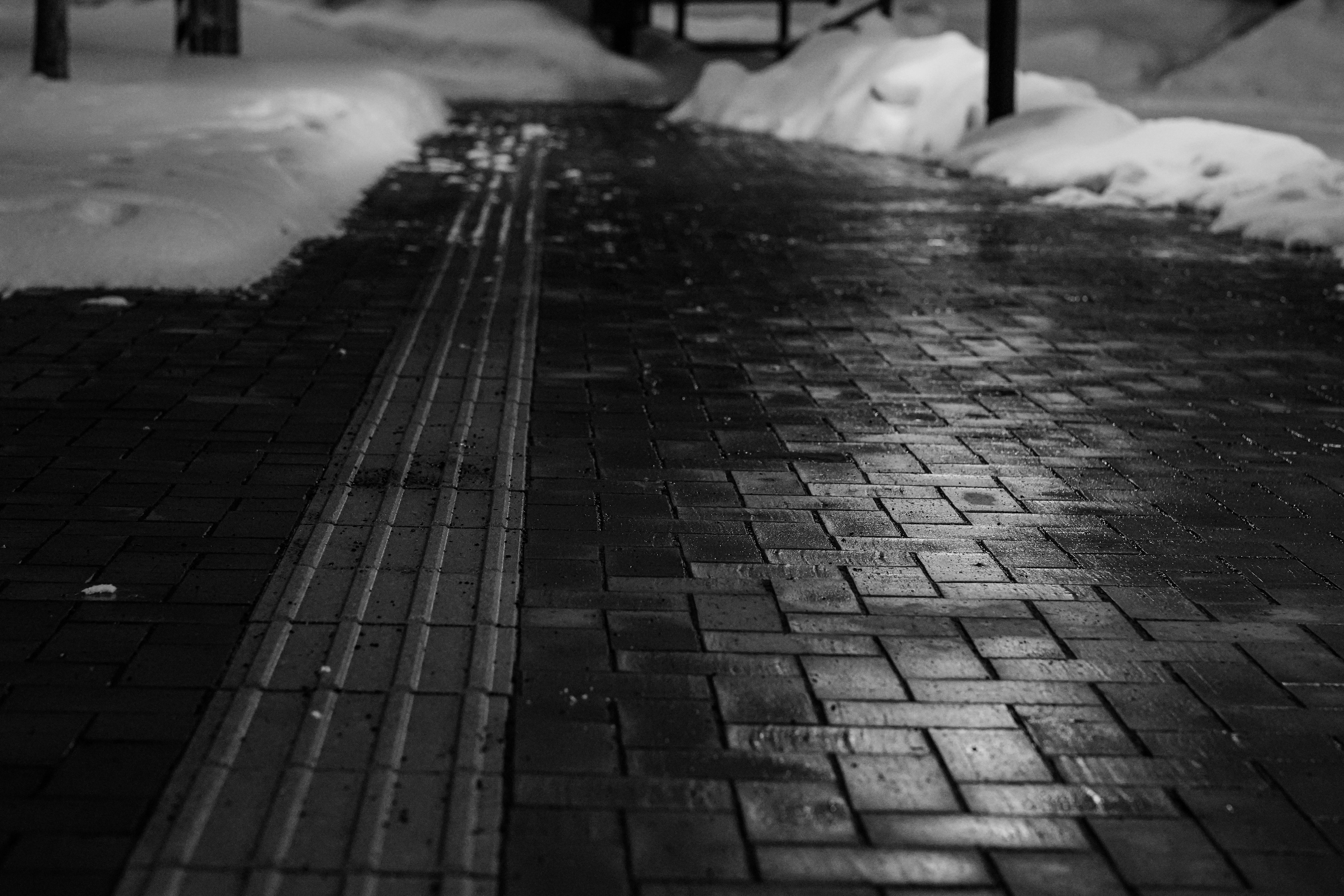 Escena en blanco y negro que muestra un camino nevado con patrones de baldosas mojadas