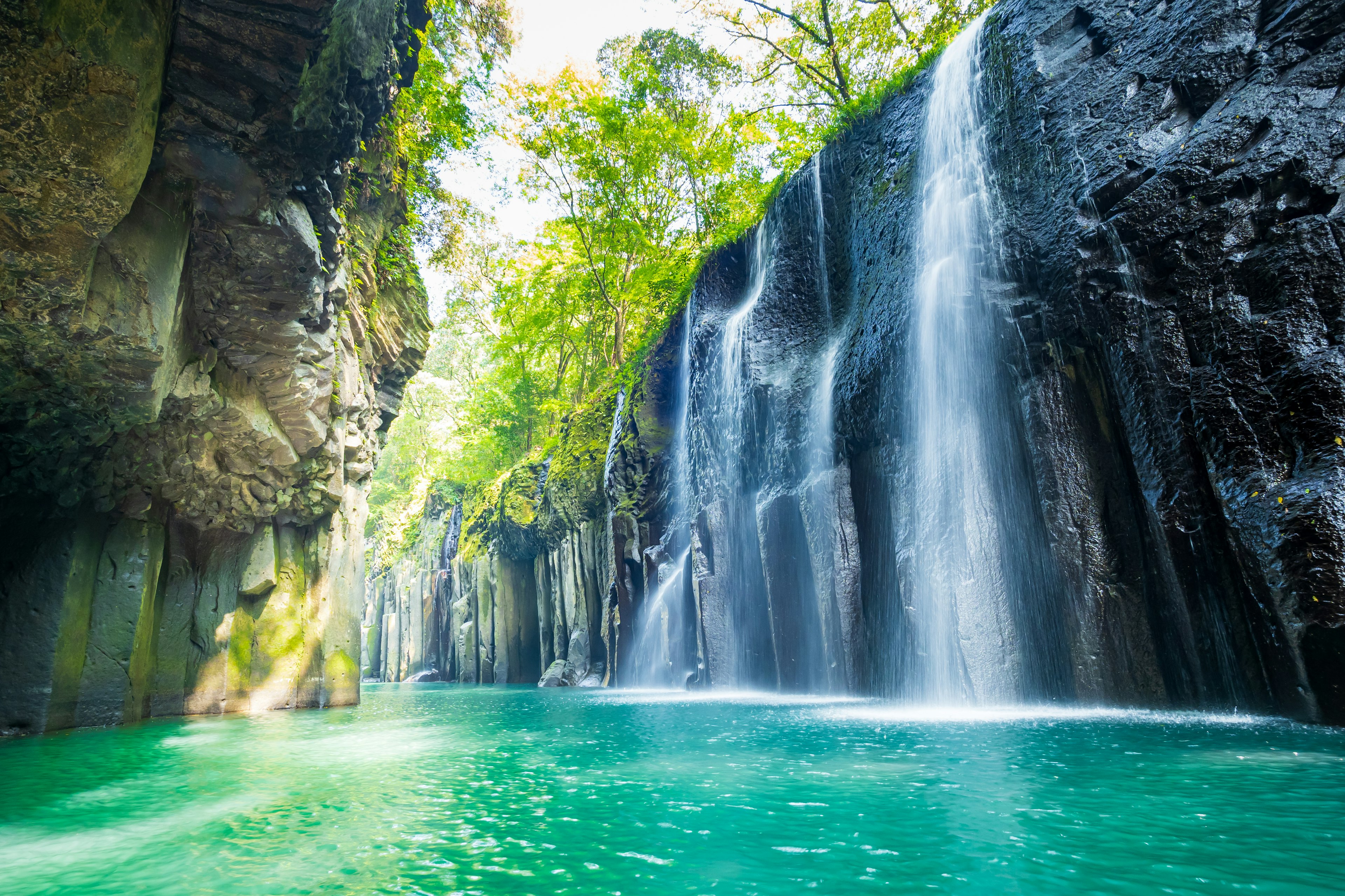 Air terjun yang indah dikelilingi oleh pepohonan rimbun