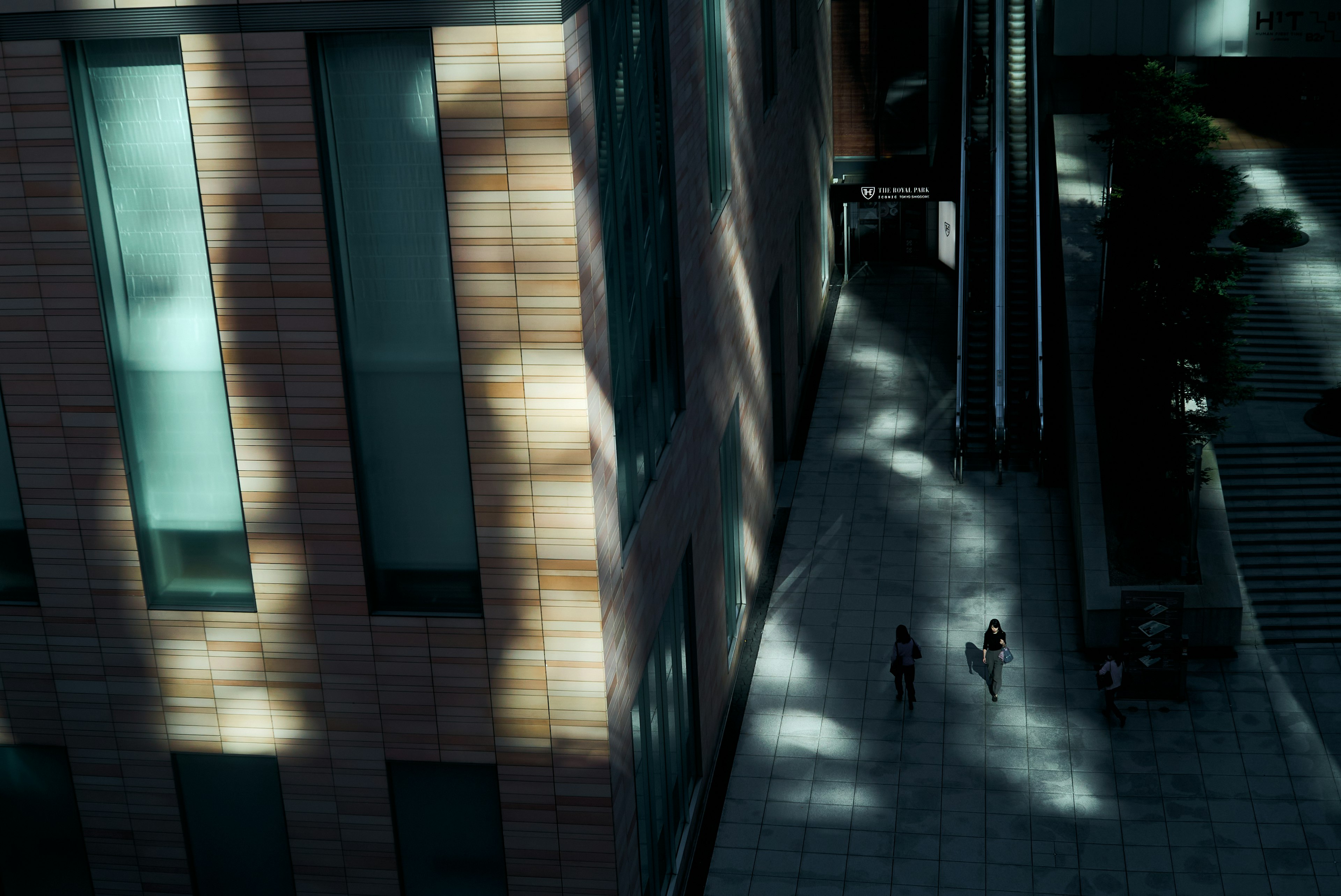 Urban scene capturing the contrast of shadows and light on buildings