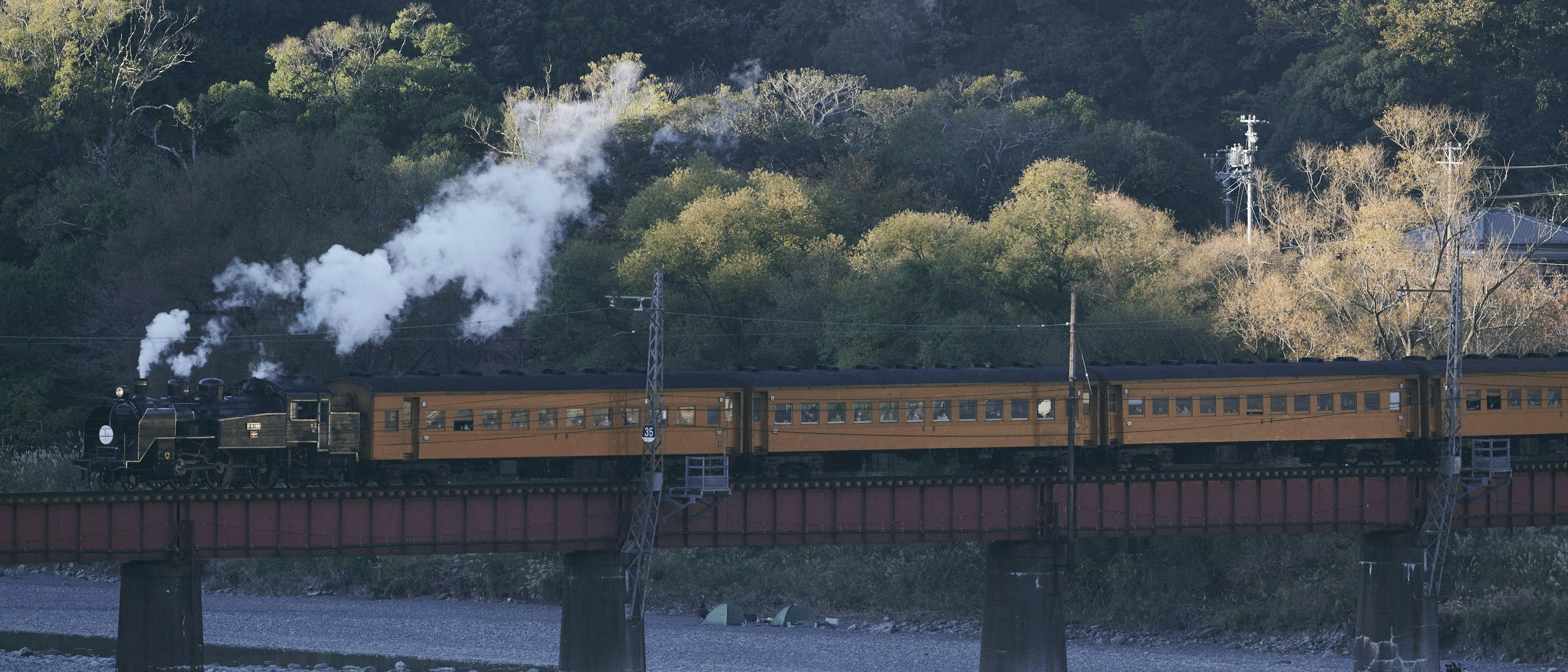 Locomotora de vapor cruzando un puente con árboles verdes y cielo azul de fondo