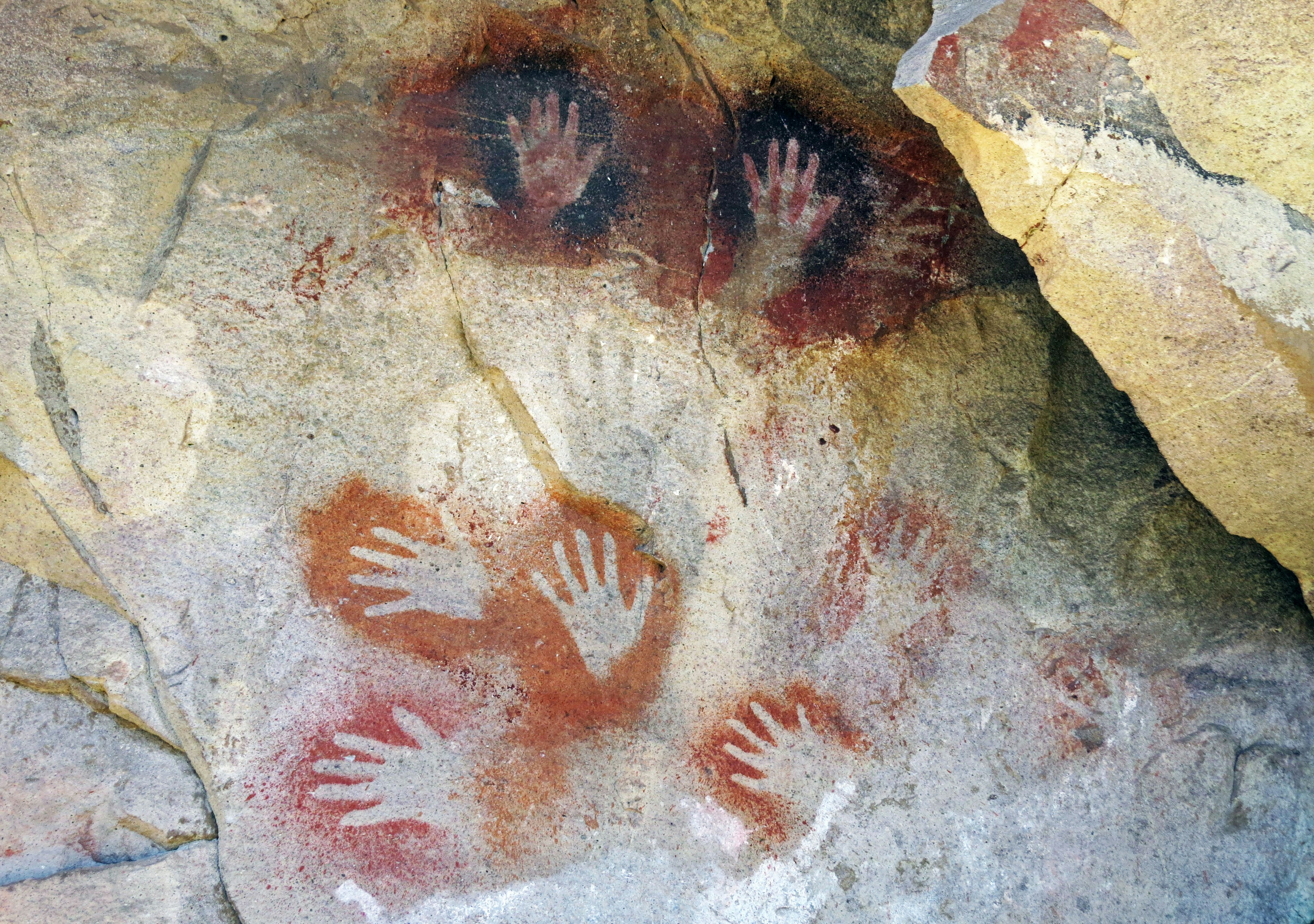 Ancient cave wall art featuring a collection of handprints