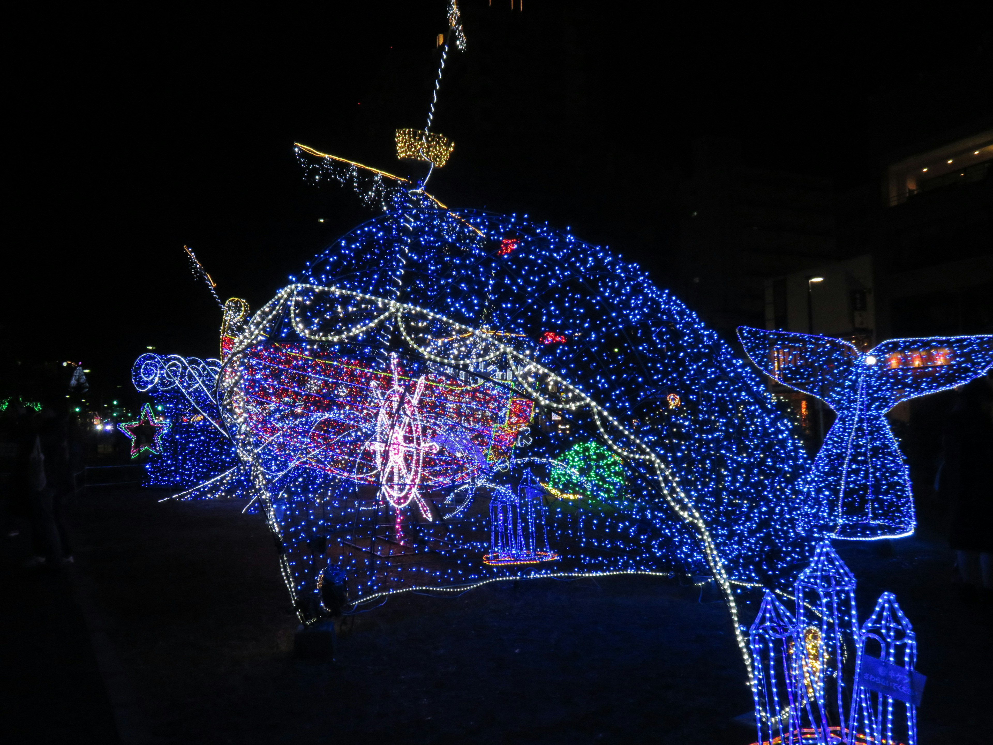 Illuminated whale decoration with colorful lights at night