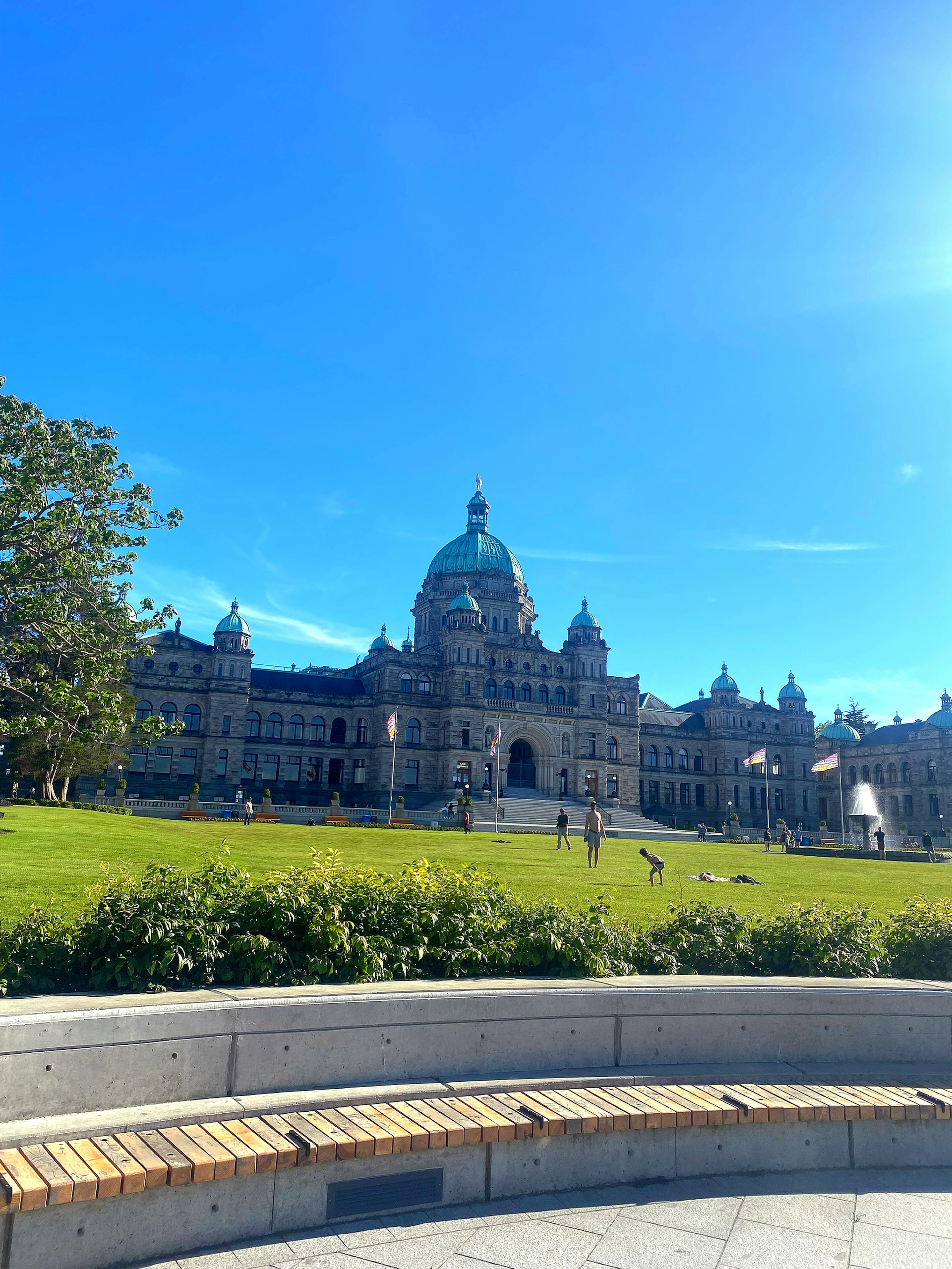 Bâtiment magnifique sous un ciel bleu avec un parc vert