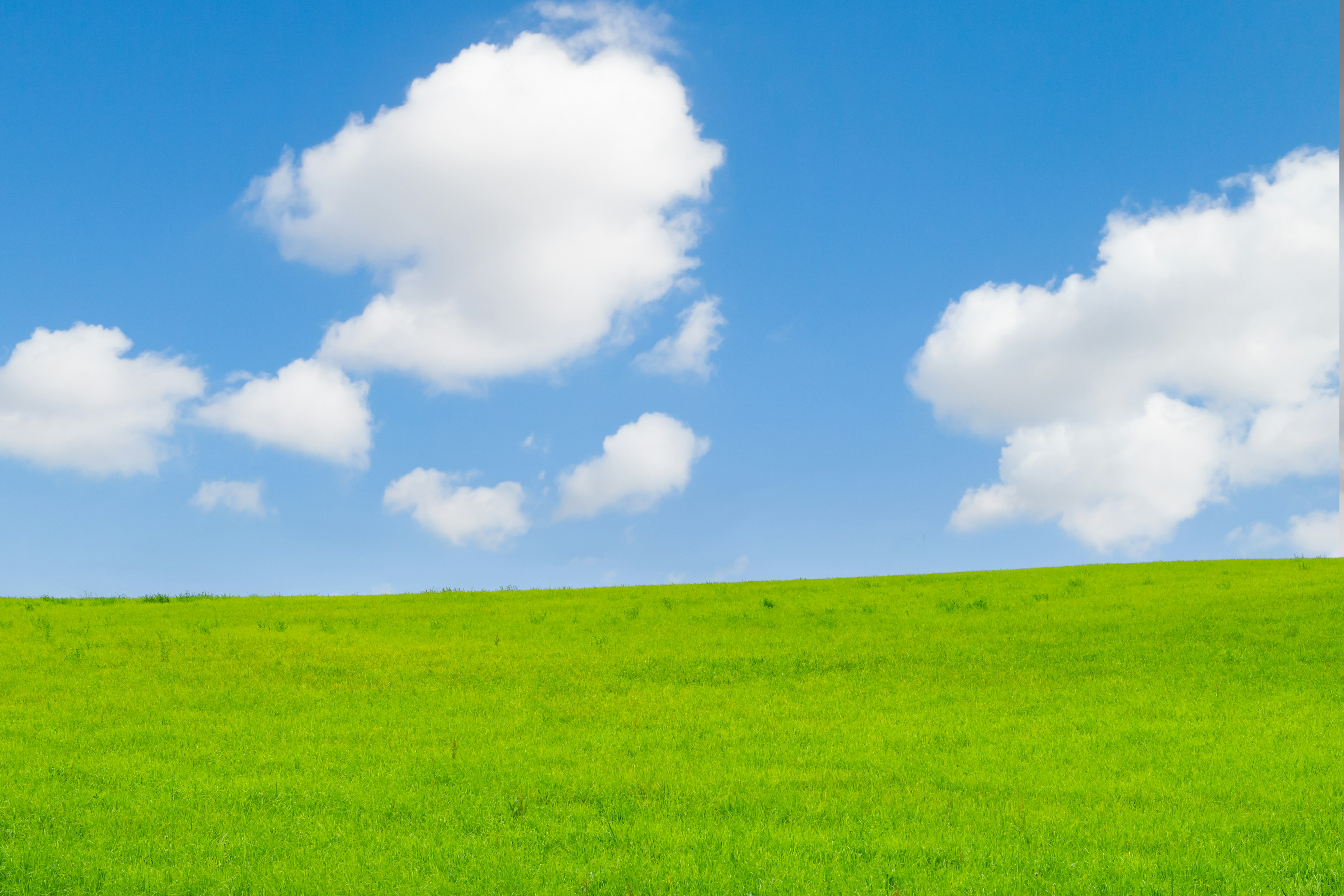 Colina verde bajo un cielo azul claro con nubes blancas esponjosas