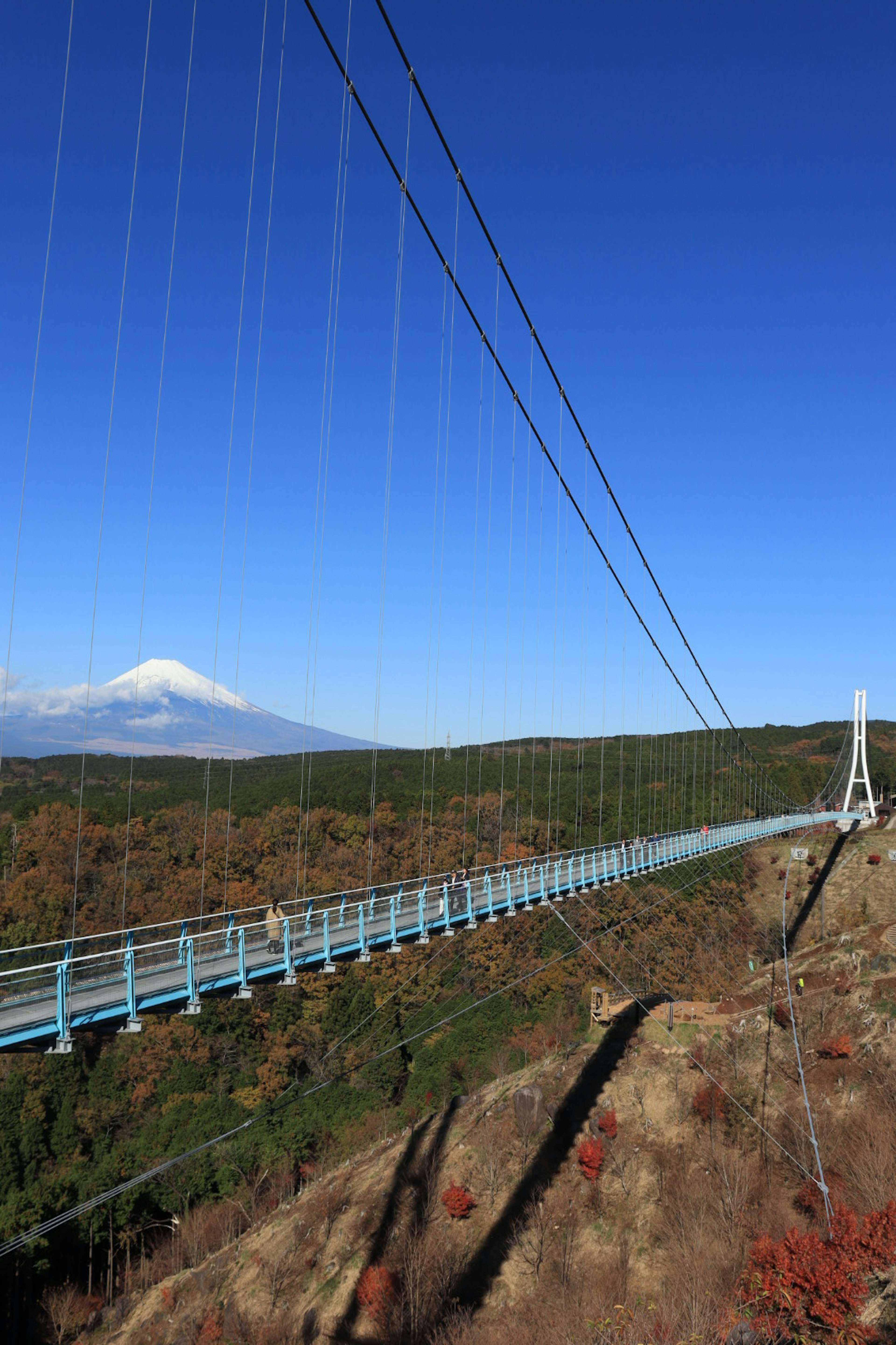 Blauer Hängebrücke mit dem Fuji im Hintergrund