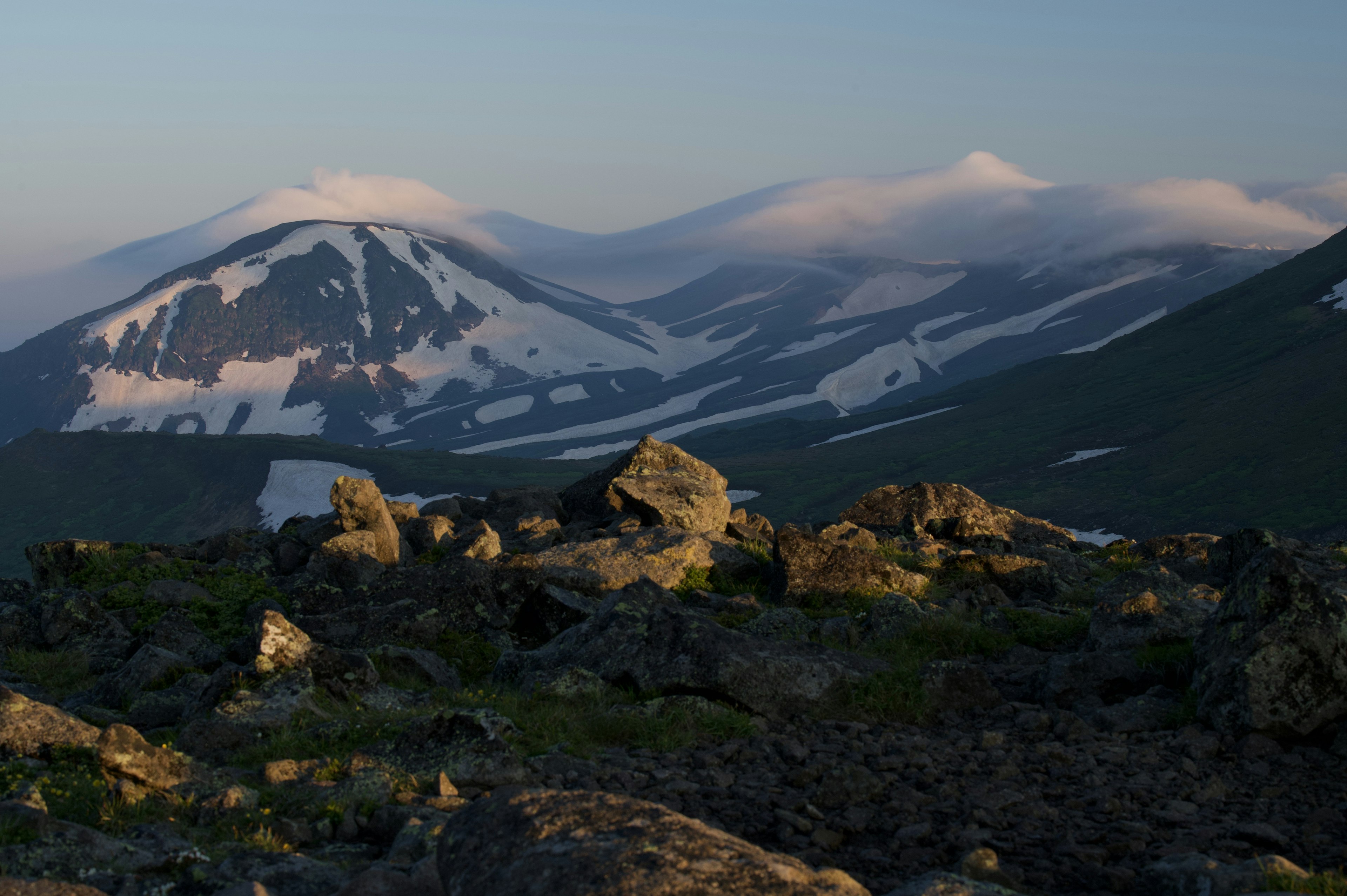 Snow-capped mountains and rocky landscape