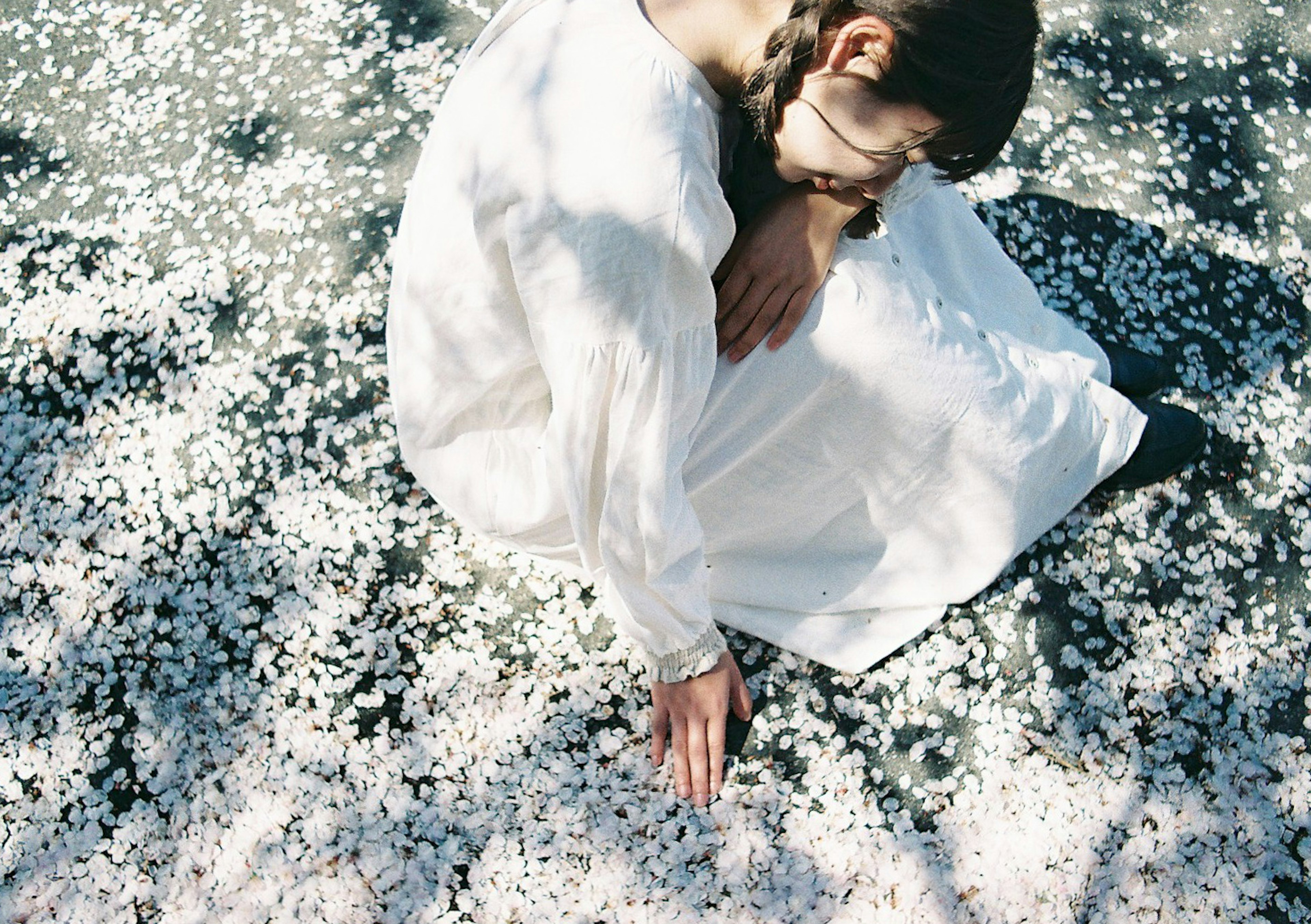 Donna in abito bianco seduta su petali di fiori