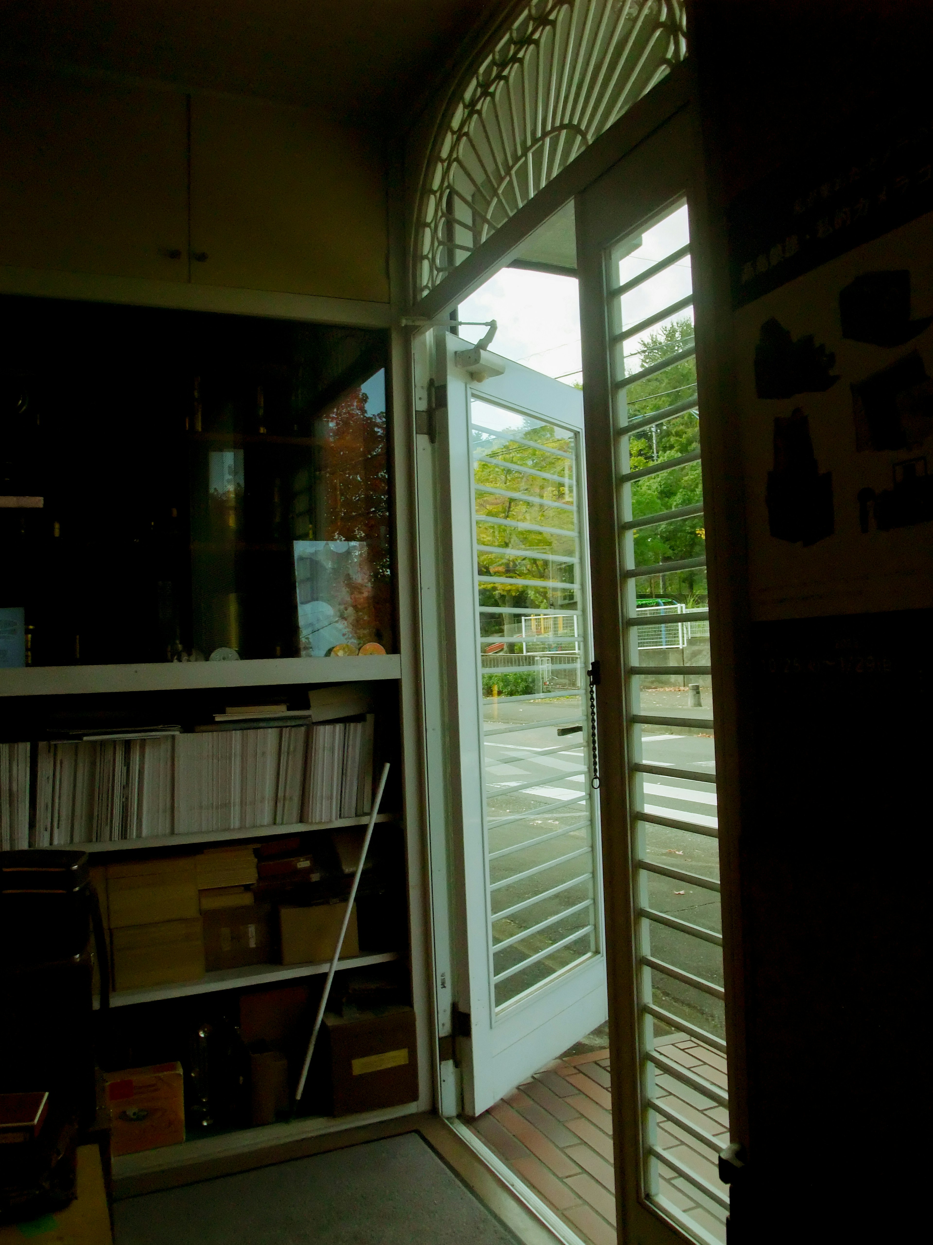 View of an open door from inside showing green trees outside