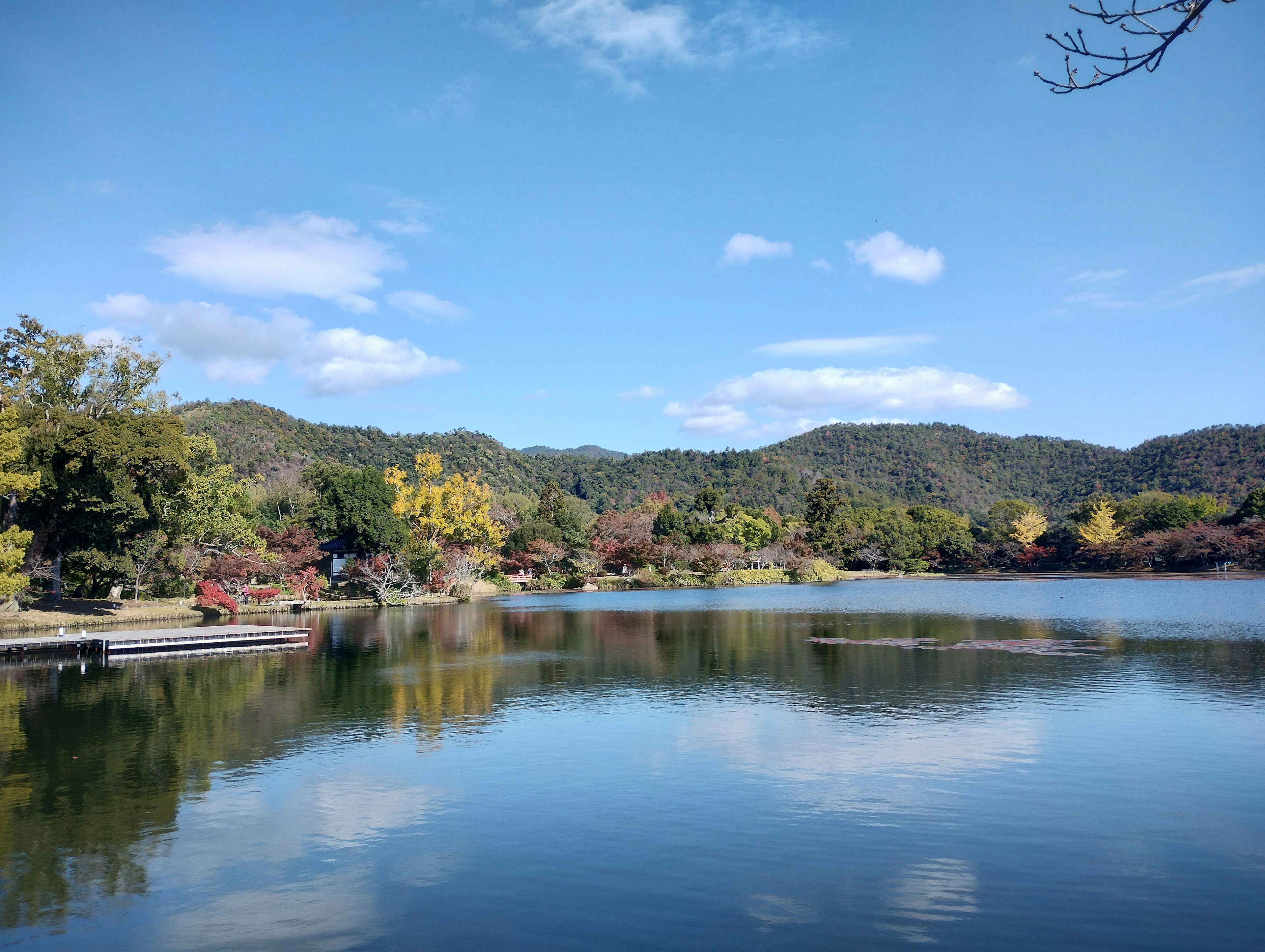 Ruhige Seenlandschaft umgeben von herbstlichen Farben und blauem Himmel