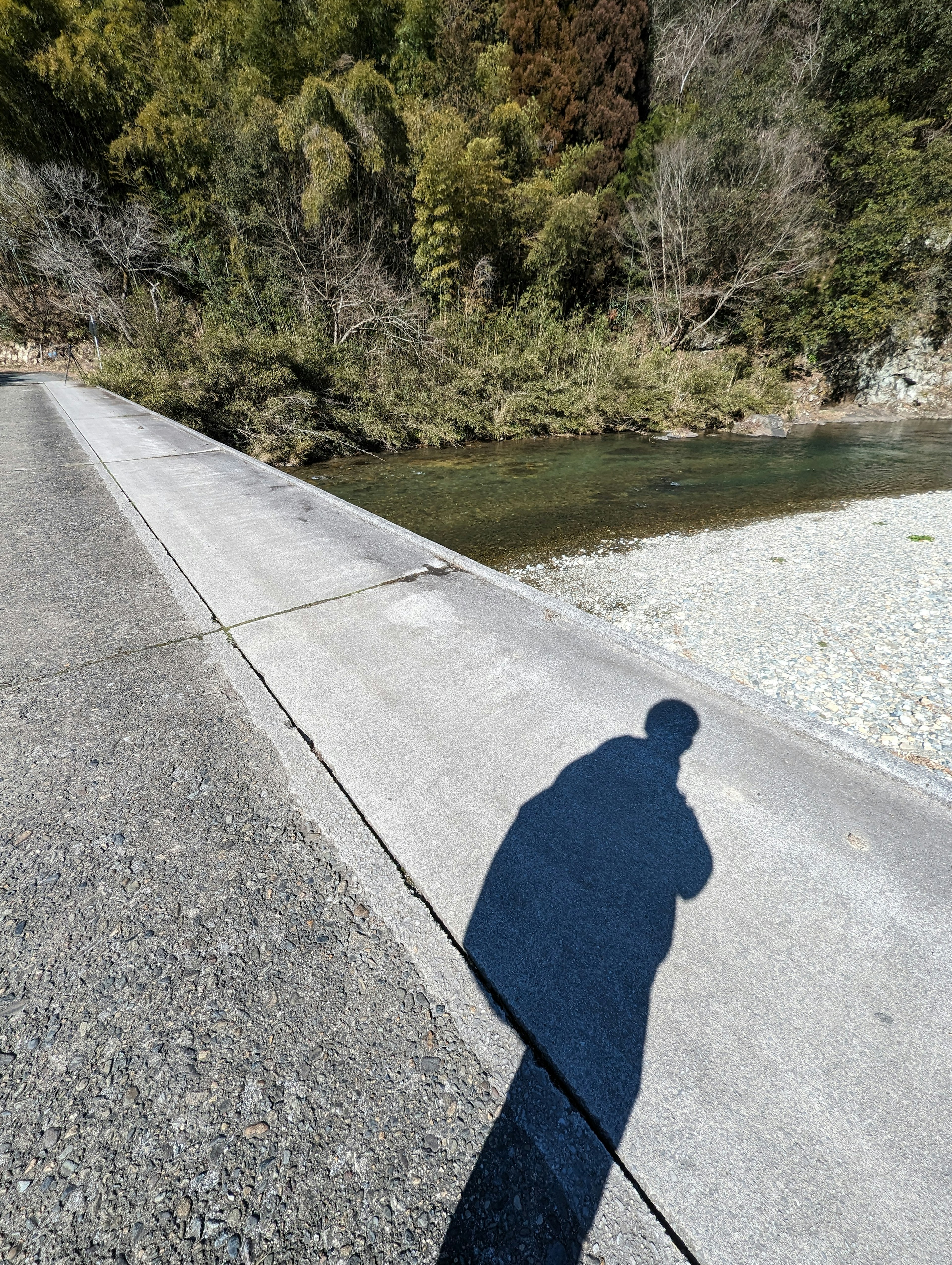 Sombra en un camino pavimentado junto a un río rodeado de árboles