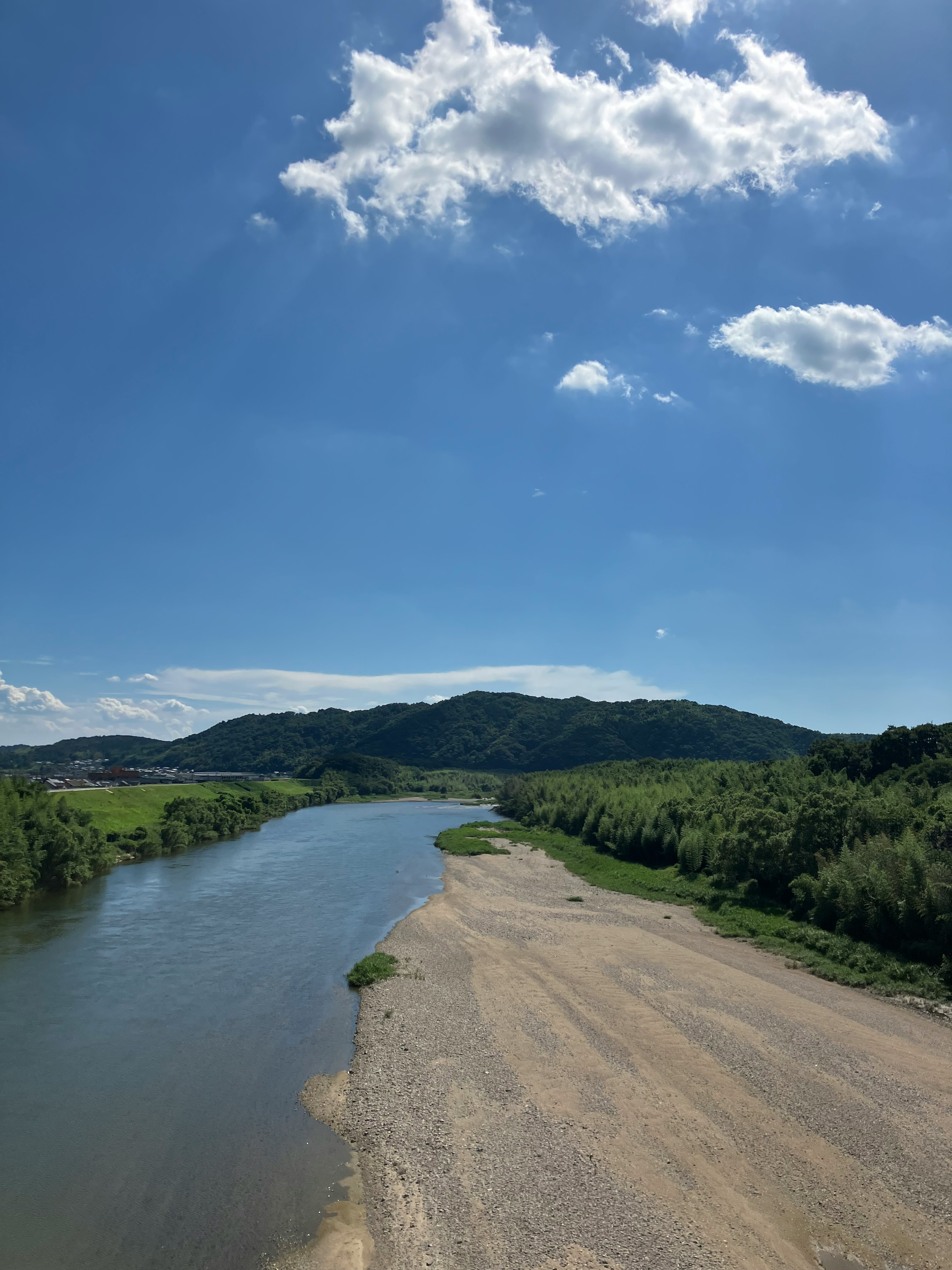 Scenic river view under a blue sky with white clouds green hills and sandy shore