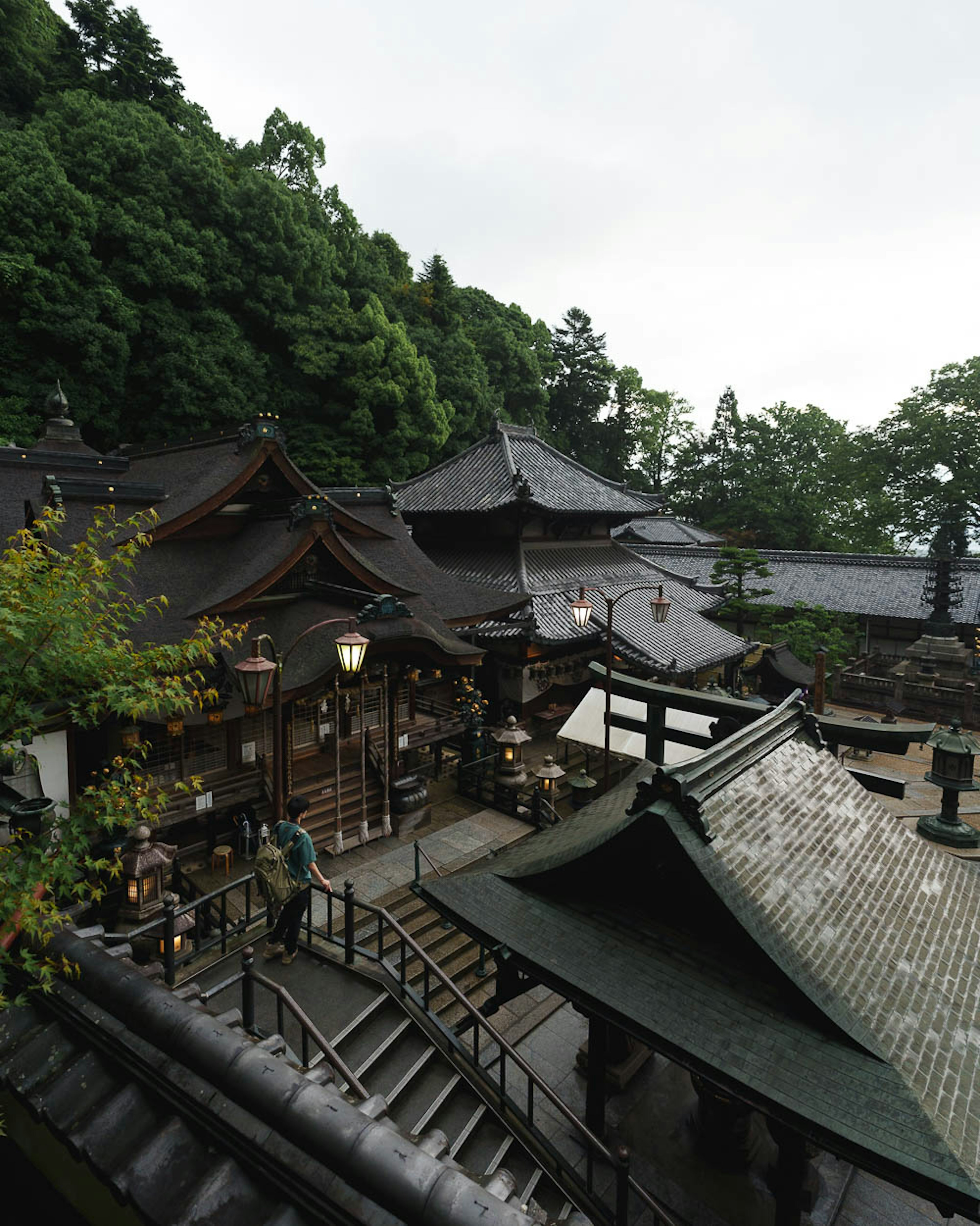 Traditionelles japanisches Schreingebäude umgeben von Grün mit nassen Dächern