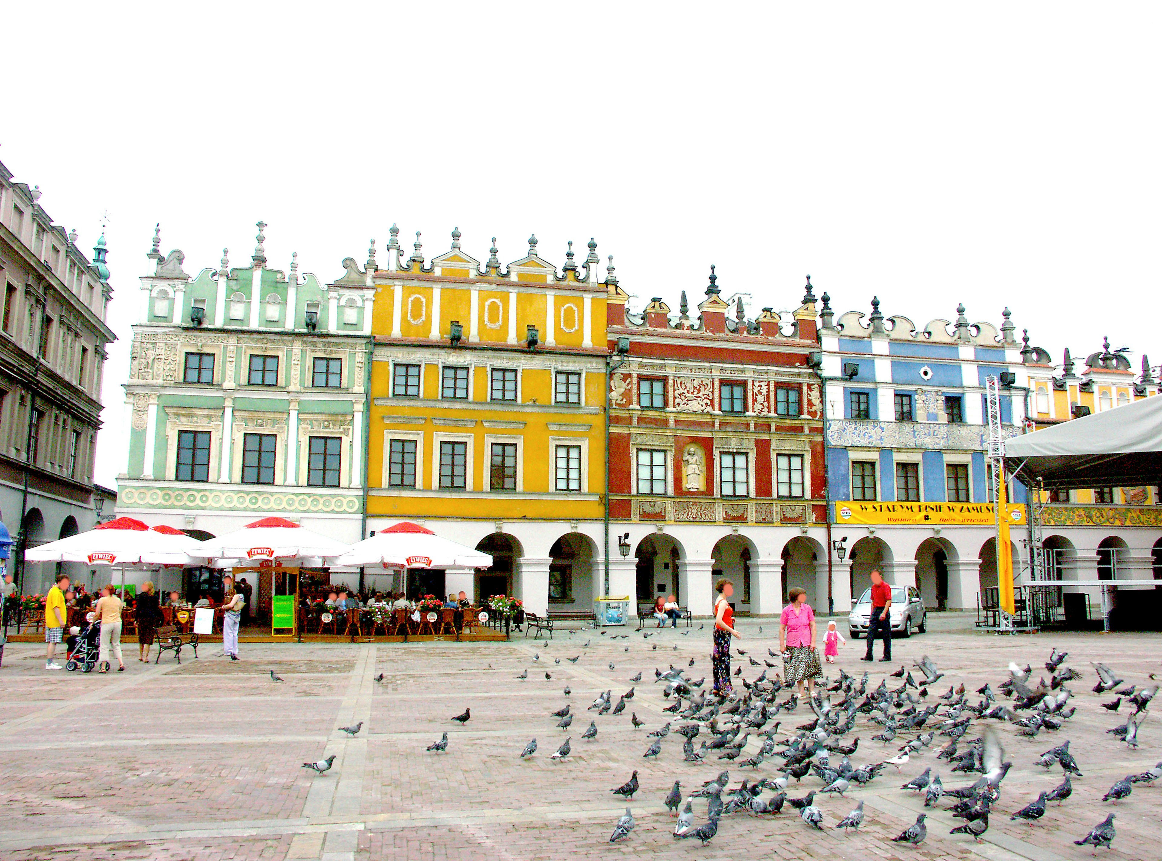 Colorful buildings lining a square with pigeons gathering