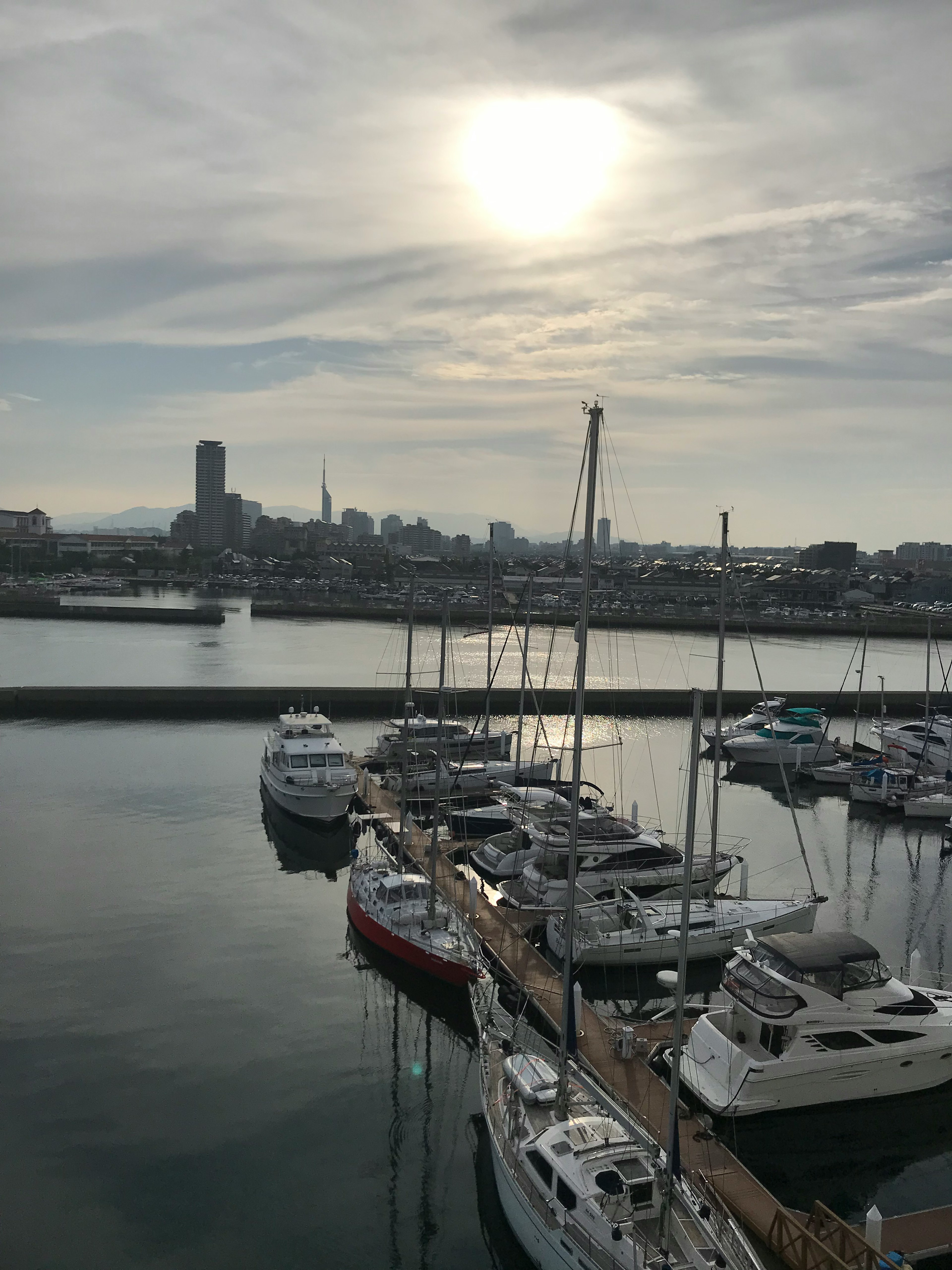 Vista tranquilla sul lungomare con barche e skyline urbano sullo sfondo