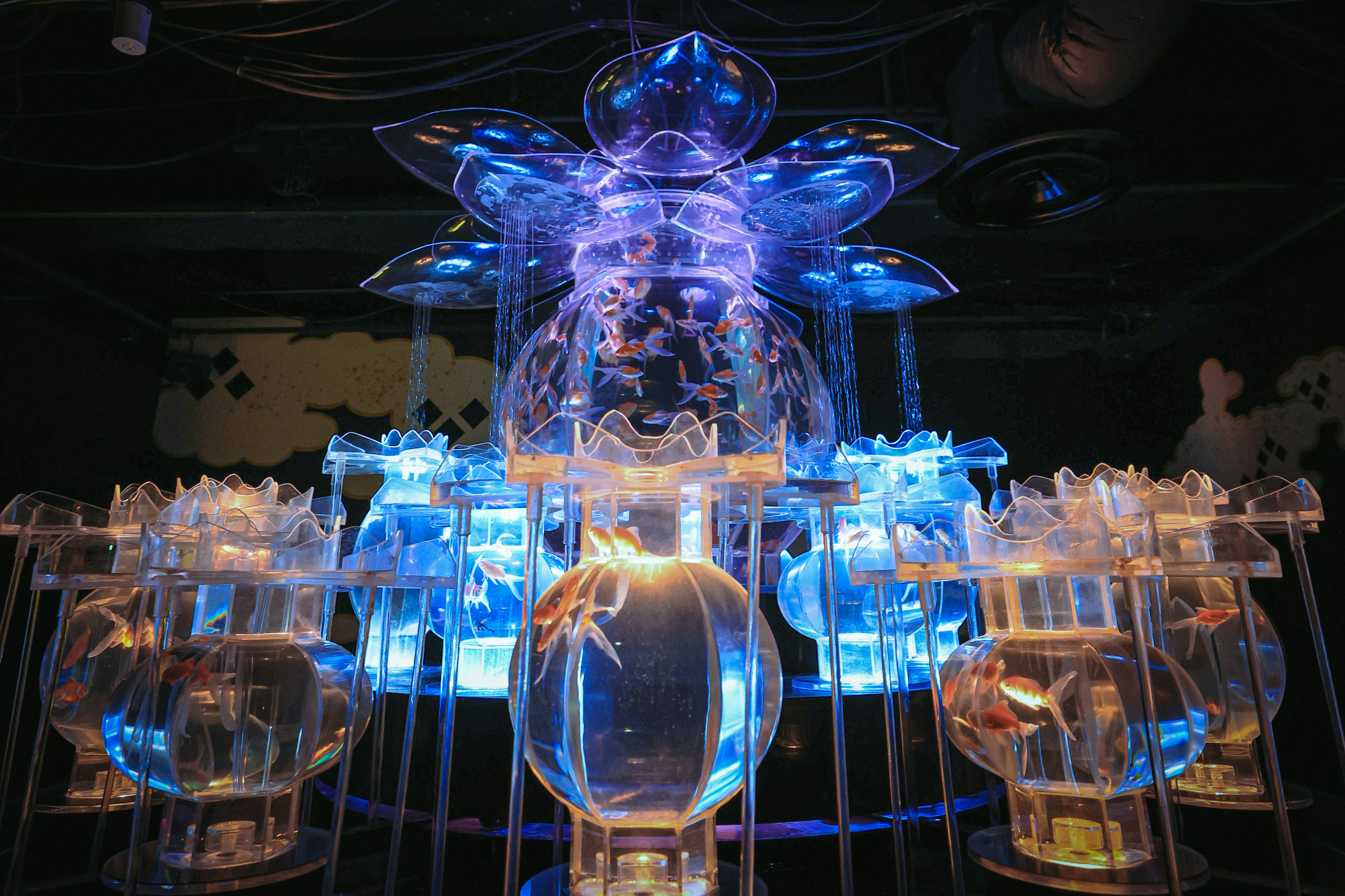 A stunning art piece featuring transparent glass objects illuminated by blue light