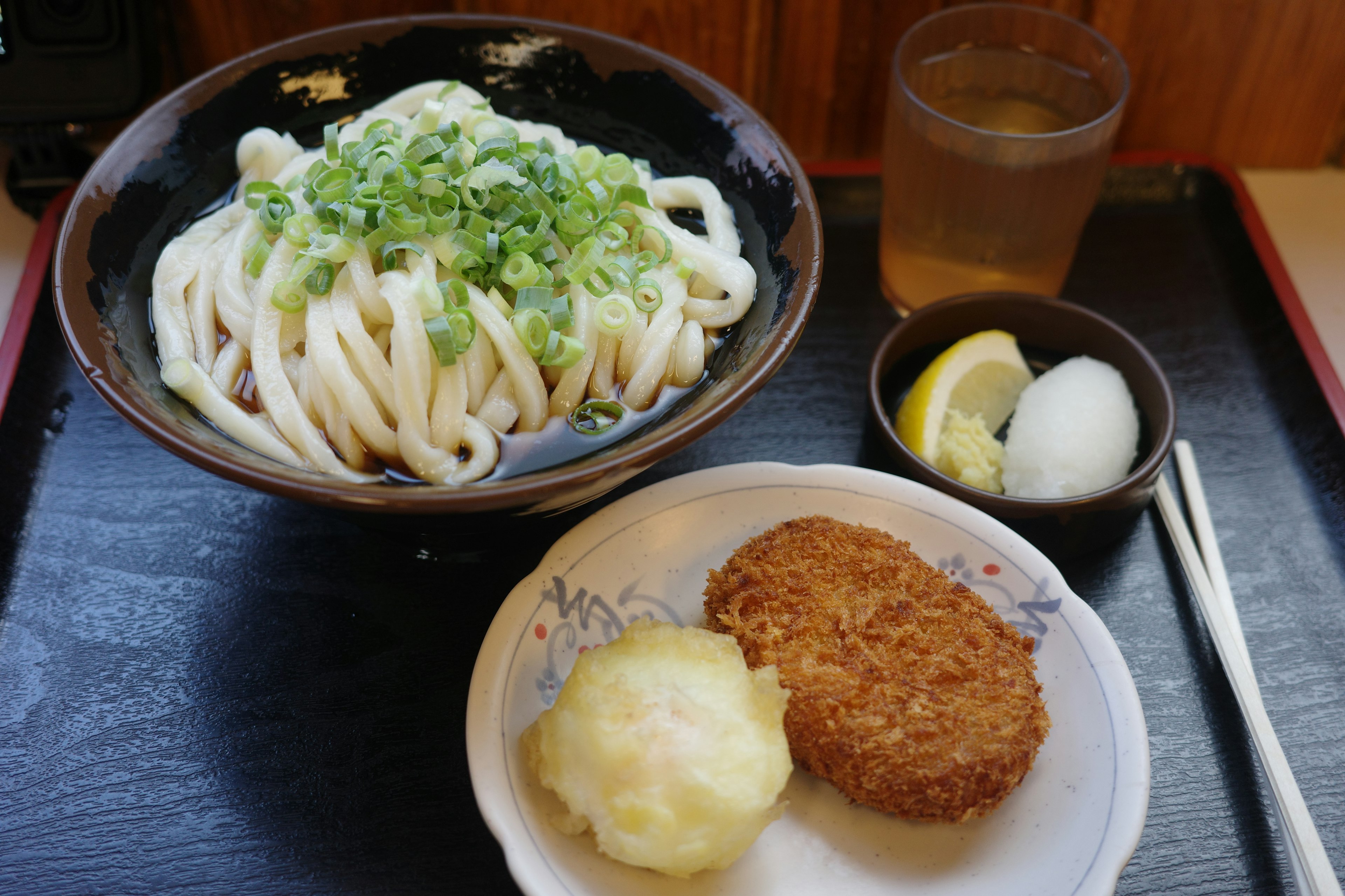 Japanese meal set featuring udon noodles with green onions and side dishes