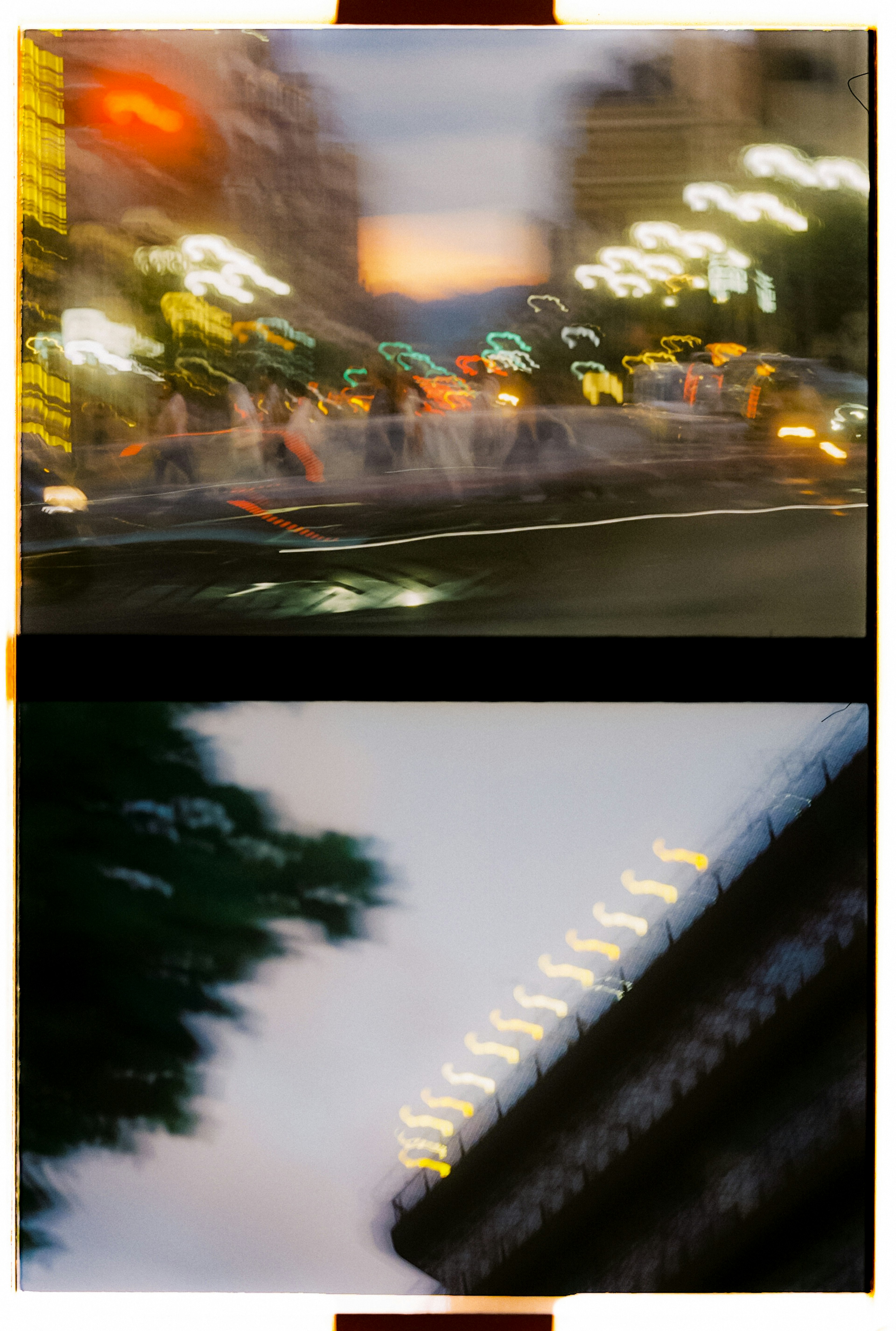 Blurred cityscape with lights and soft colors at dusk