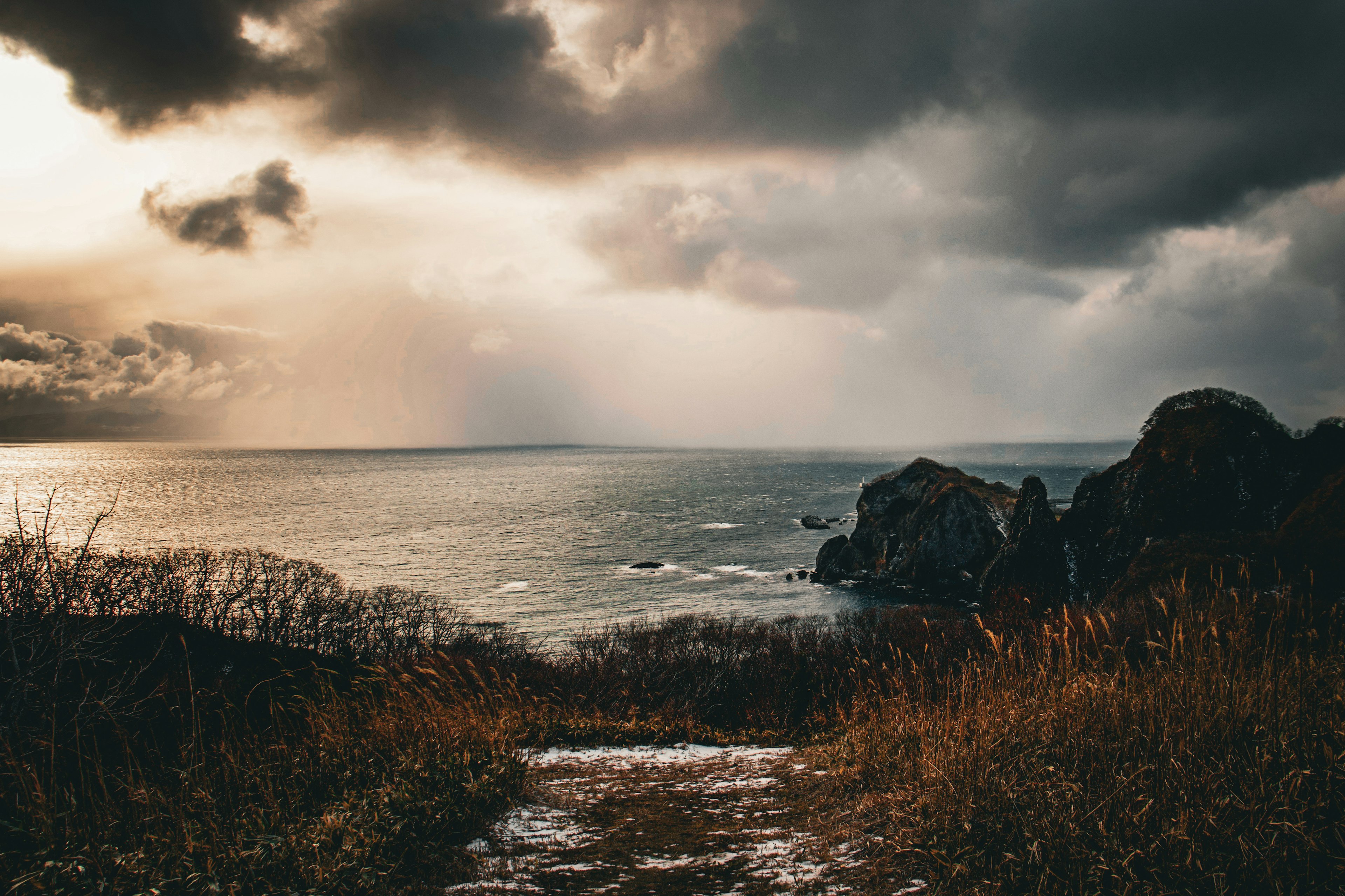 Landscape with dark clouds and ocean featuring grass and rocks