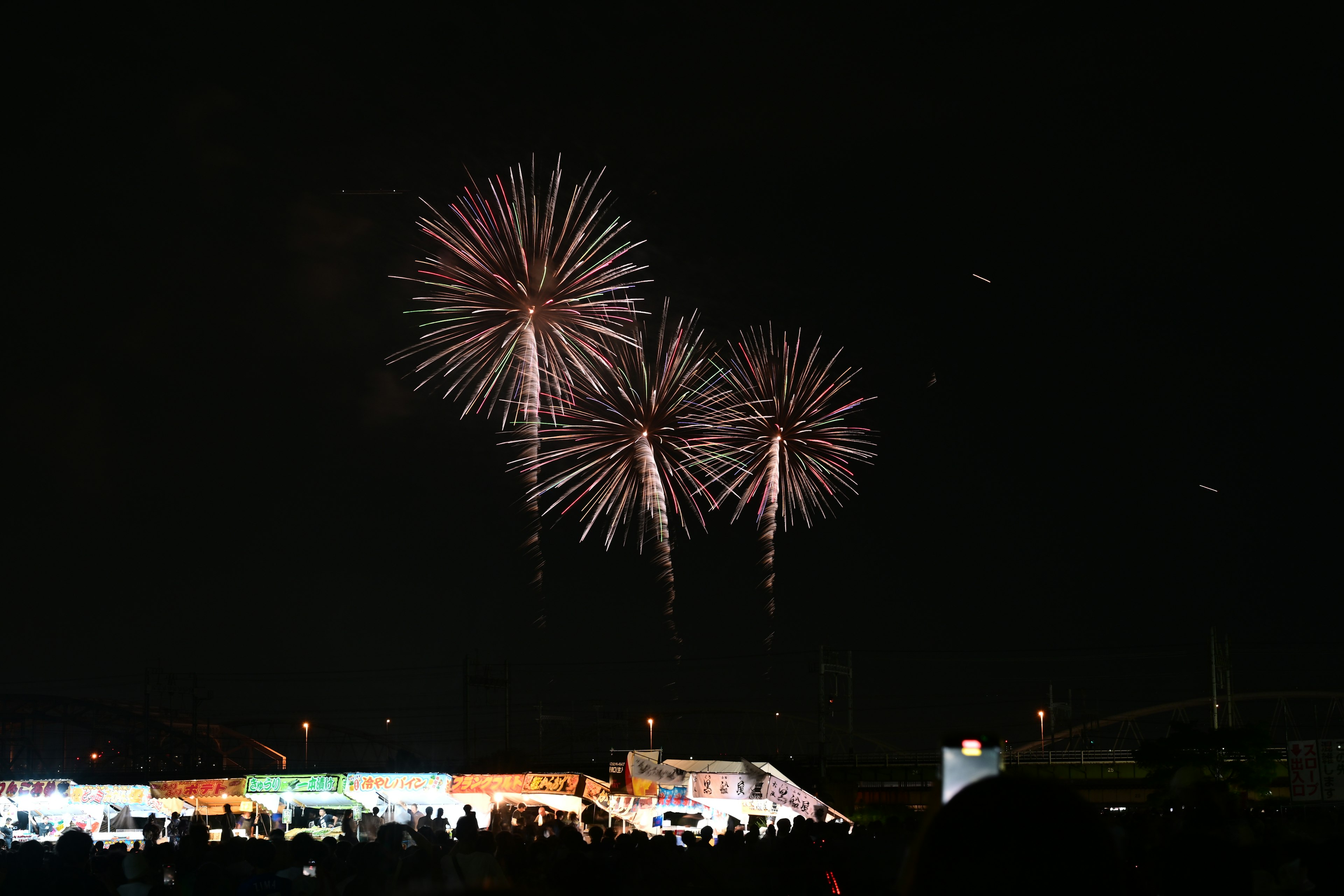 Fuochi d'artificio che esplodono nel cielo notturno con silhouette di persone sotto