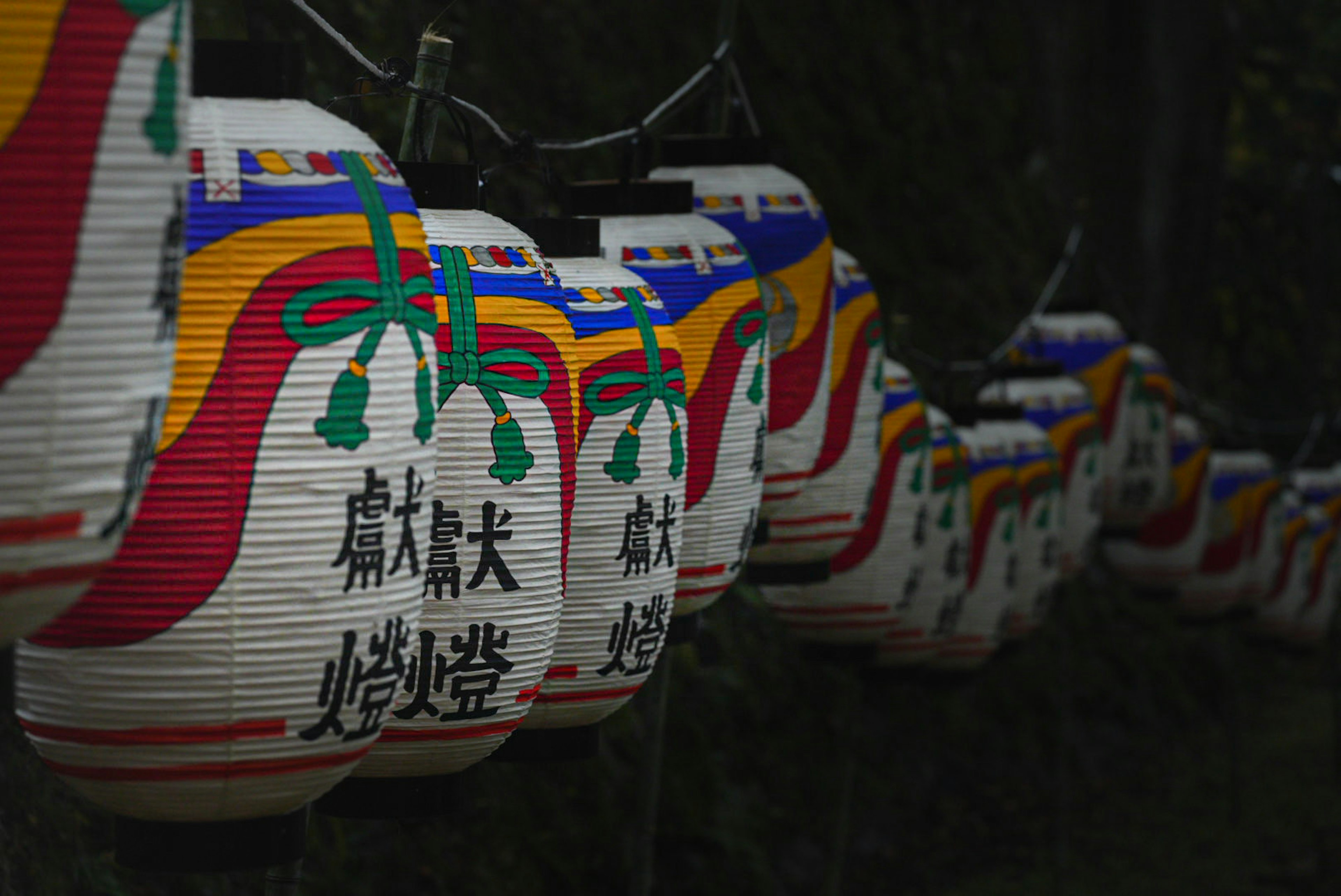 Colorful lanterns lined up in a night setting