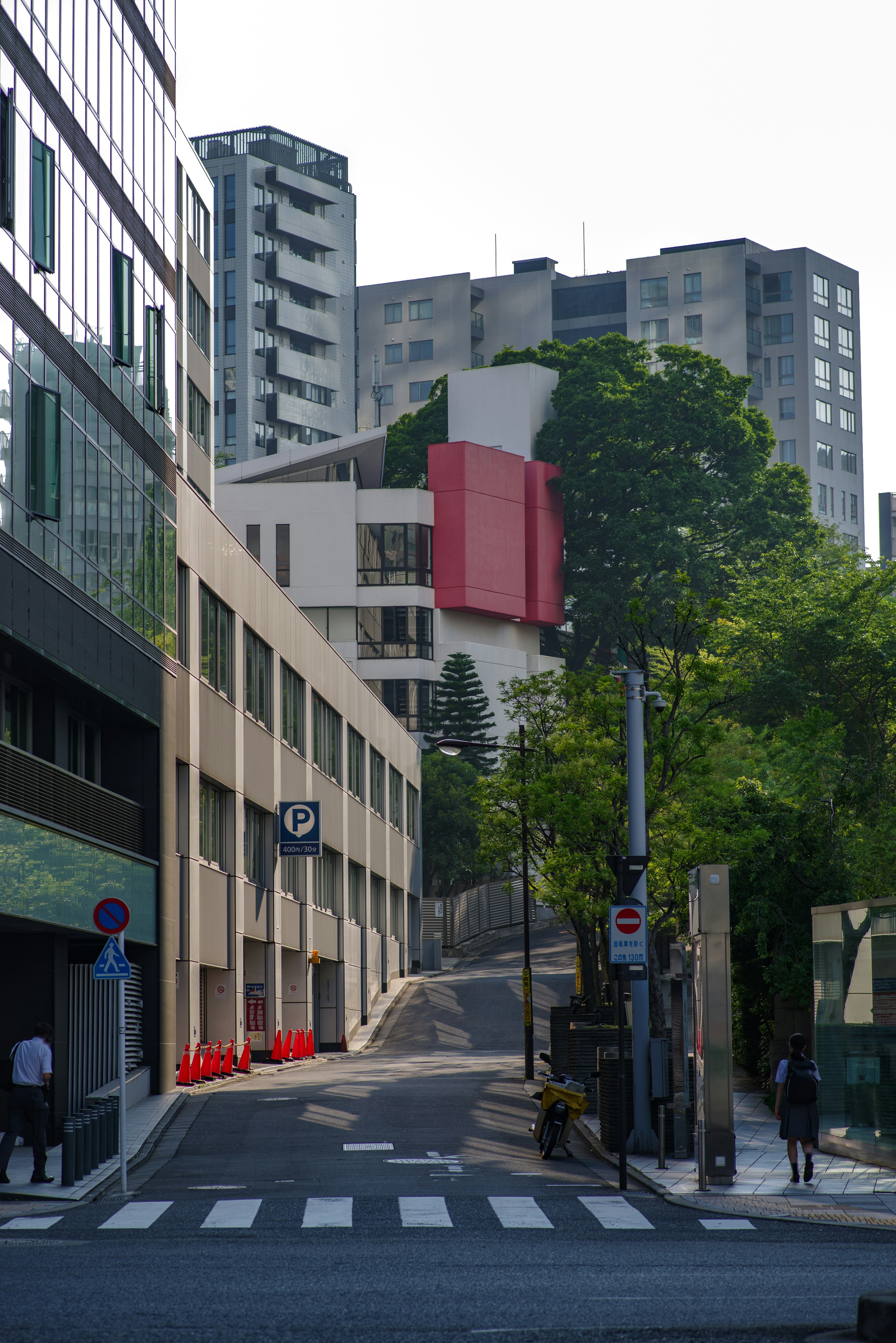 城市坡道，綠樹和紅色建築