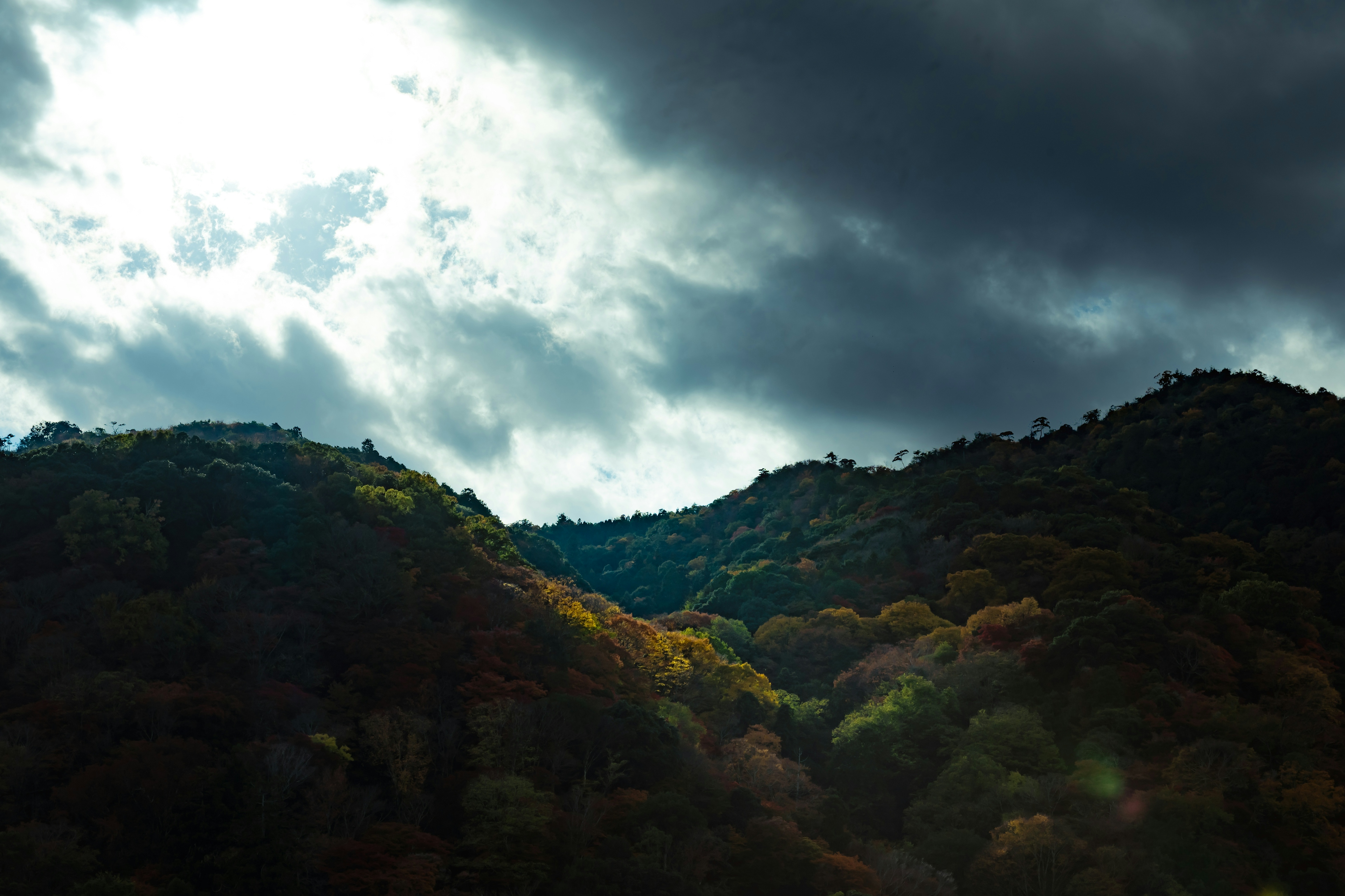 陰雲密布的山脈風景，點綴著綠色和橙色的樹木