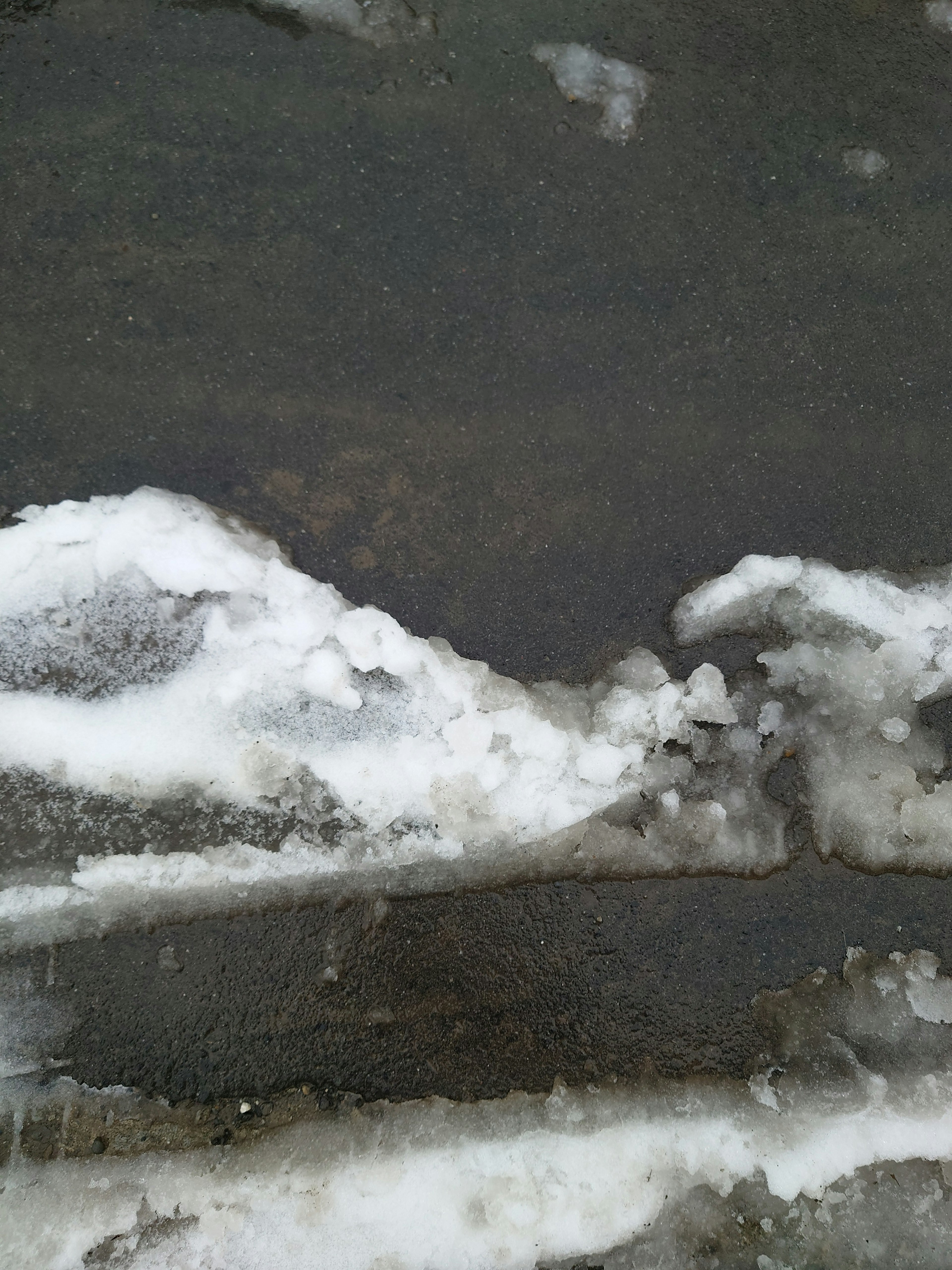 Image of black ground with snow patches and a puddle