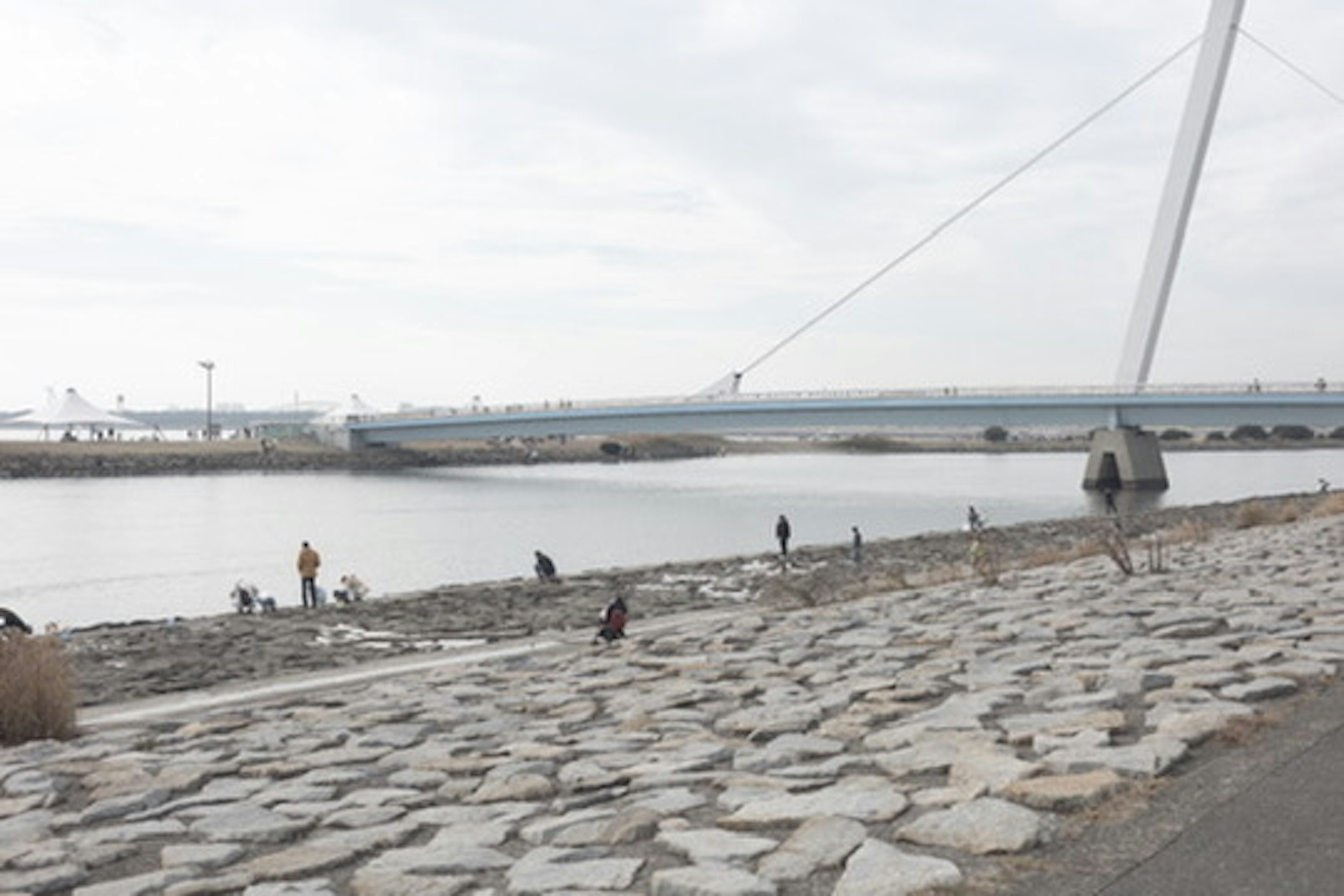 Une scène paisible au bord de l'eau avec un remblai en pierre et des gens qui pêchent