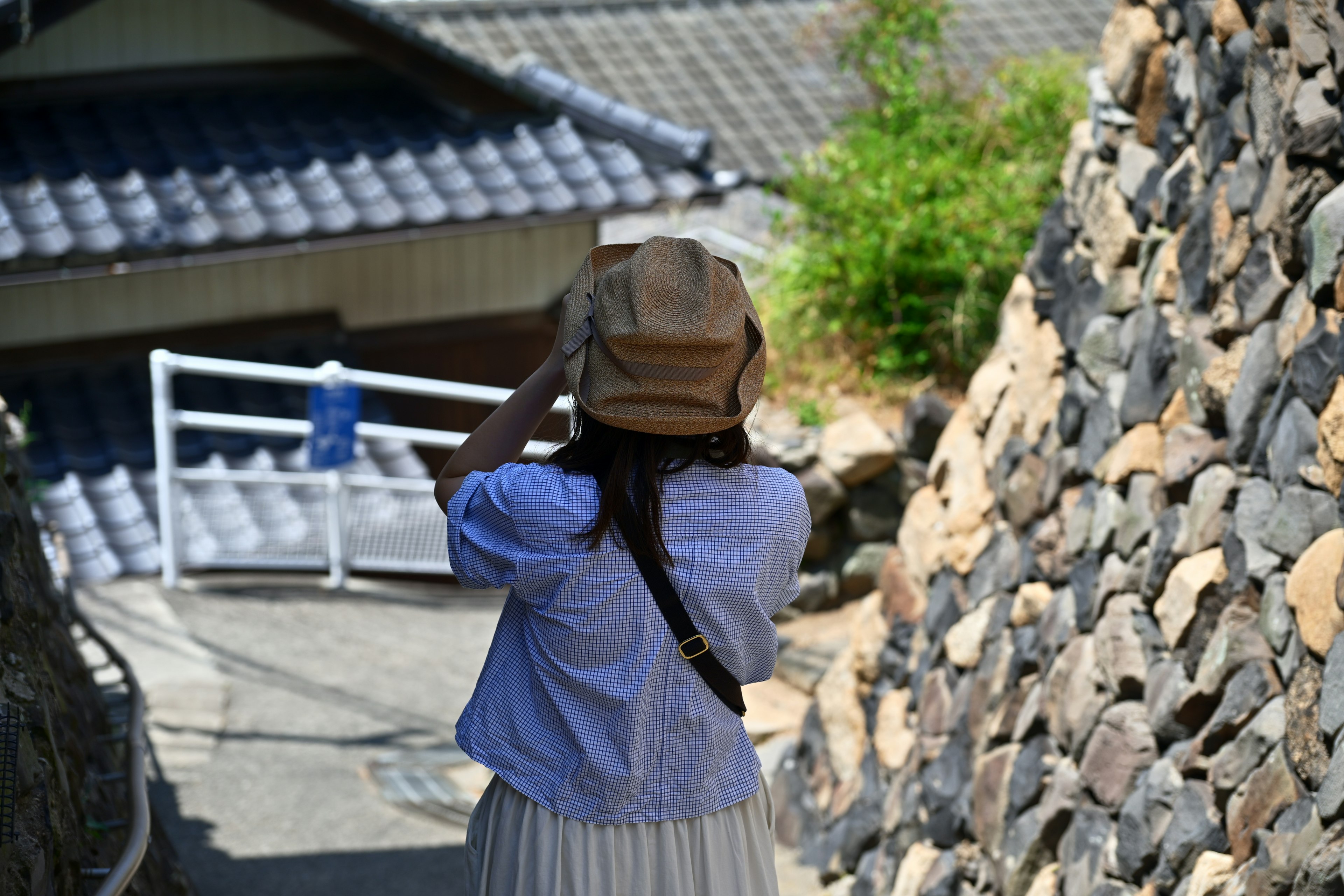 Donna con una macchina fotografica in un contesto di muro di pietra panoramico